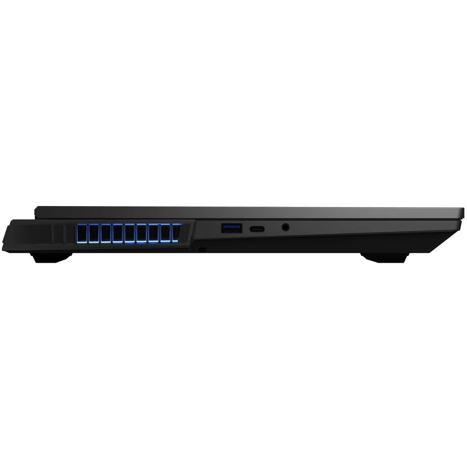 Side view of a black laptop. Visible ports include USB, and audio jack. Blue accent lights are on the left side of the laptop.