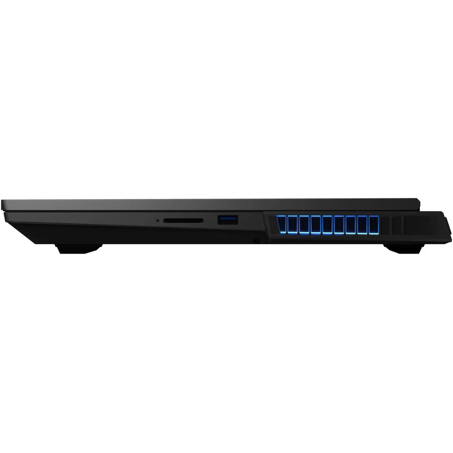 Side view of a black laptop. It has a USB port, a card reader, and blue-lit vents on the side.