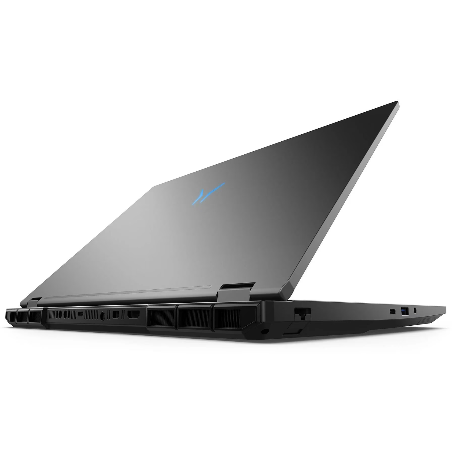 Black laptop seen from the back, screen closed, blue logo.