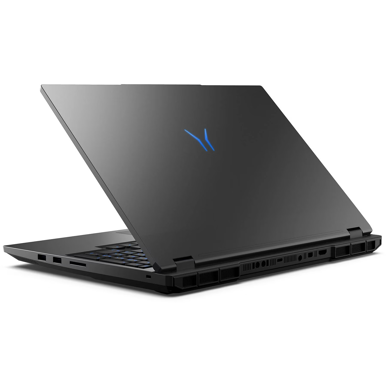 Black laptop seen from the back, screen closed, blue logo.