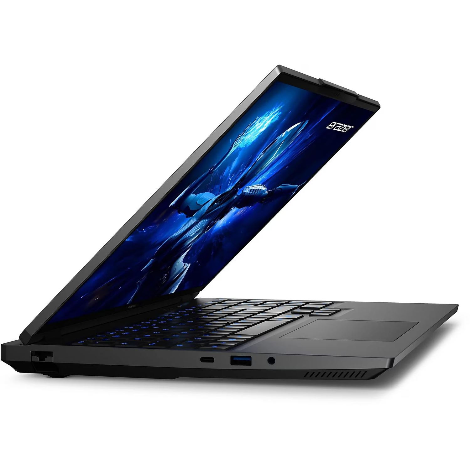 Black laptop with open screen showing blue abstract graphics.