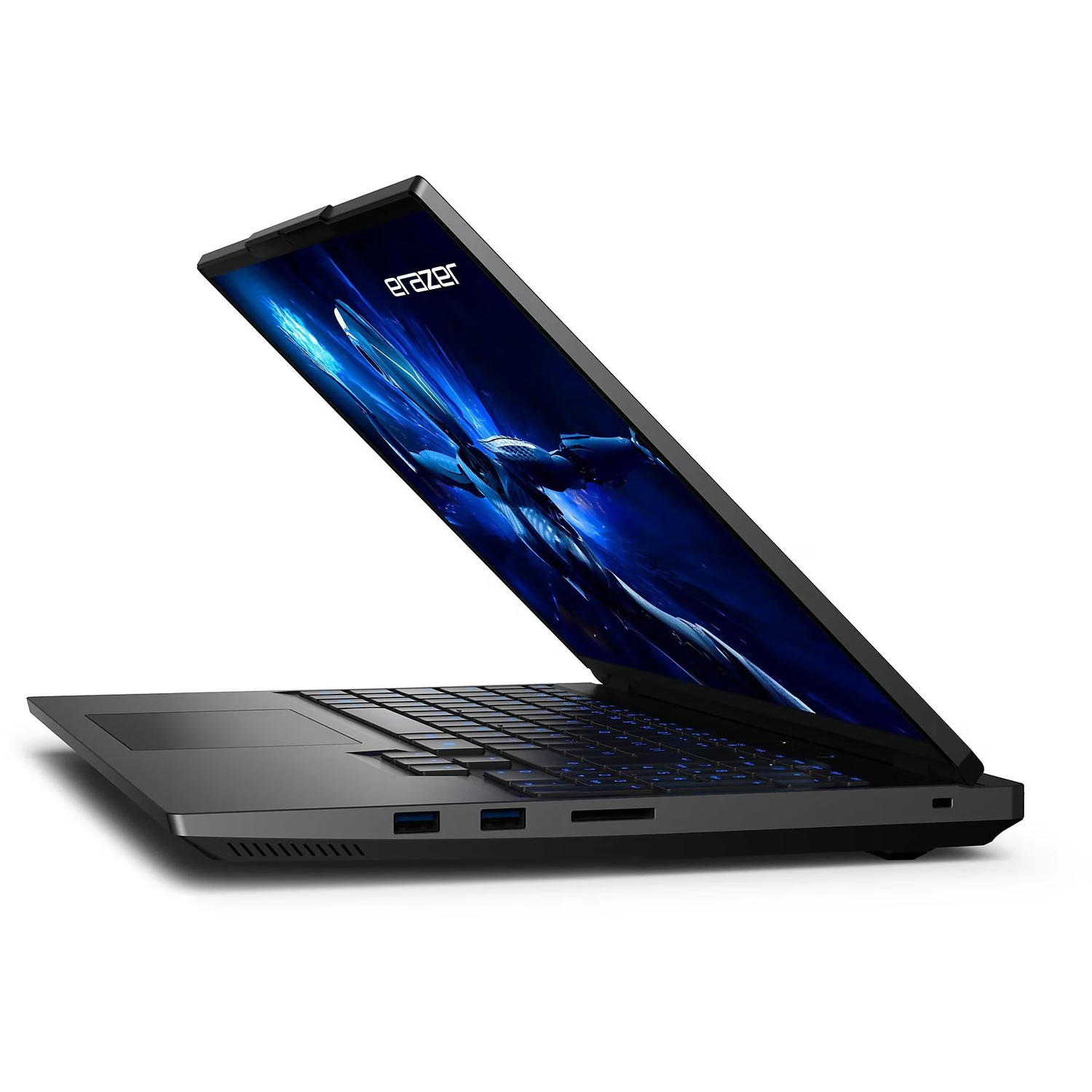 Black laptop with open screen showing blue abstract graphics.