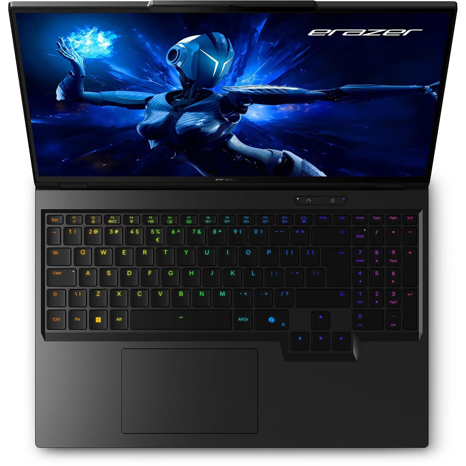 Top view of a black laptop with colorful keyboard and screen showing a robot.
