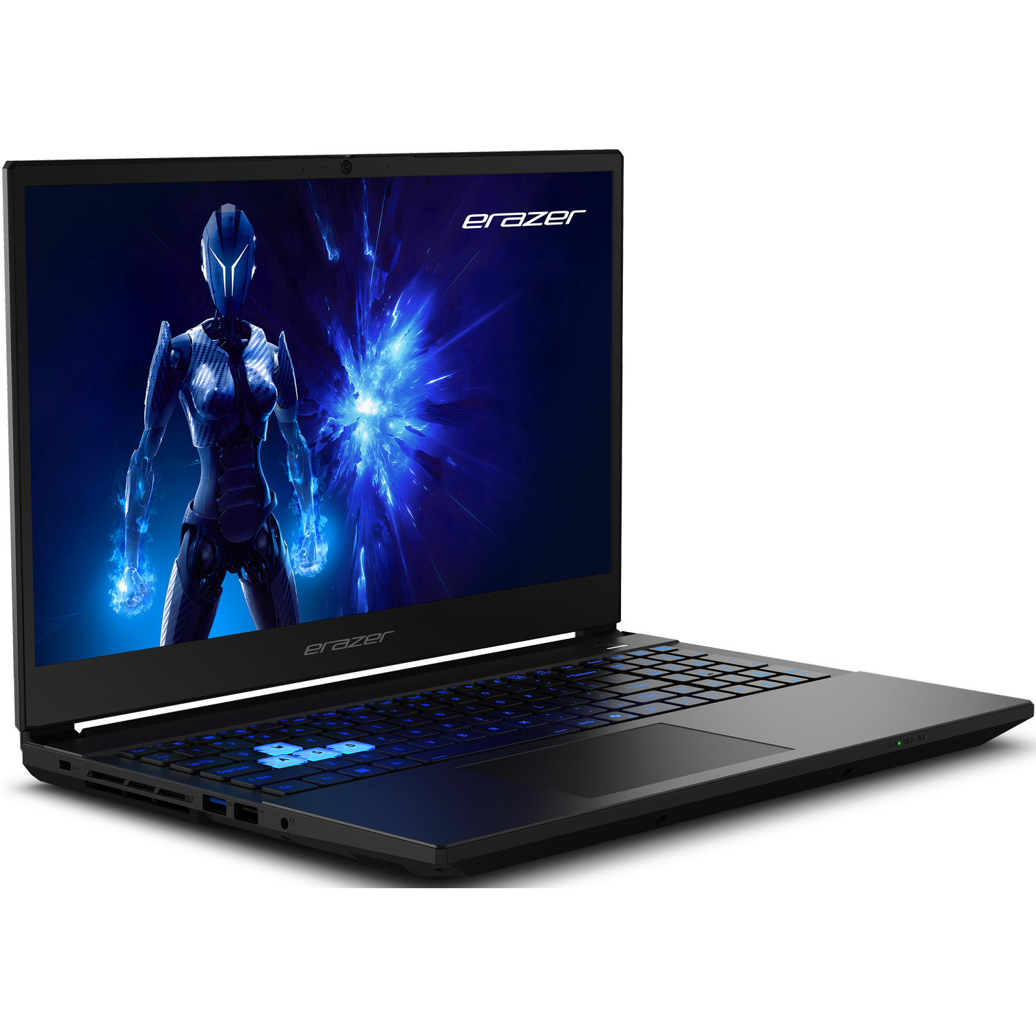 Black laptop, slightly angled, open, with futuristic screen image.