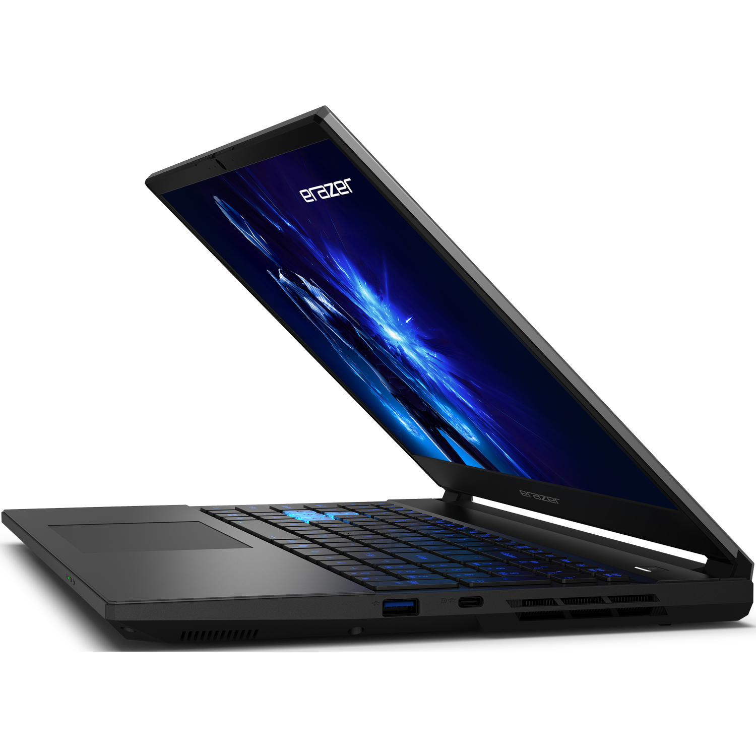 Black laptop, open, at an angle, showing the screen with a futuristic image.