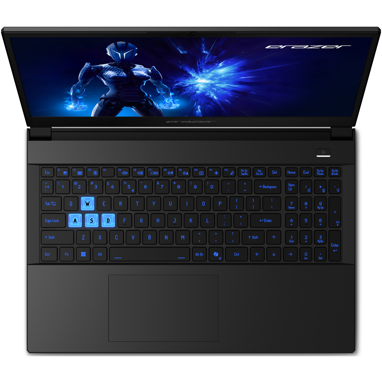 Top view of a black laptop with opened screen and backlit keyboard.