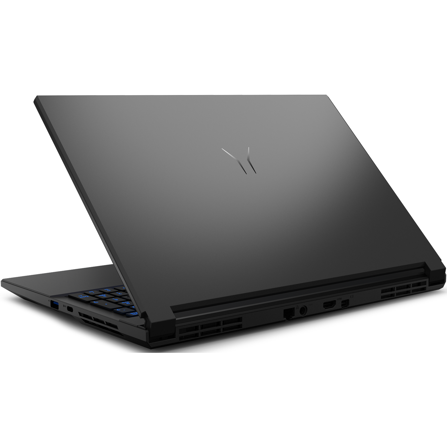 Back view of a black laptop with closed lid, showing logo.