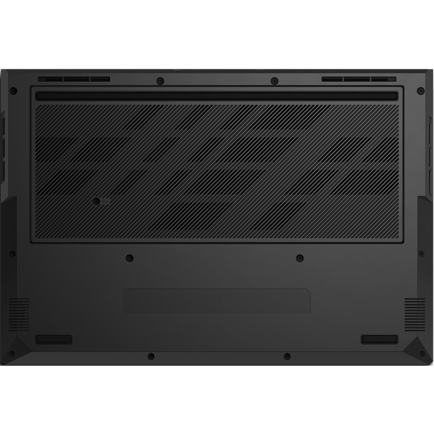 Underside of a black laptop with ventilation slots and screws.