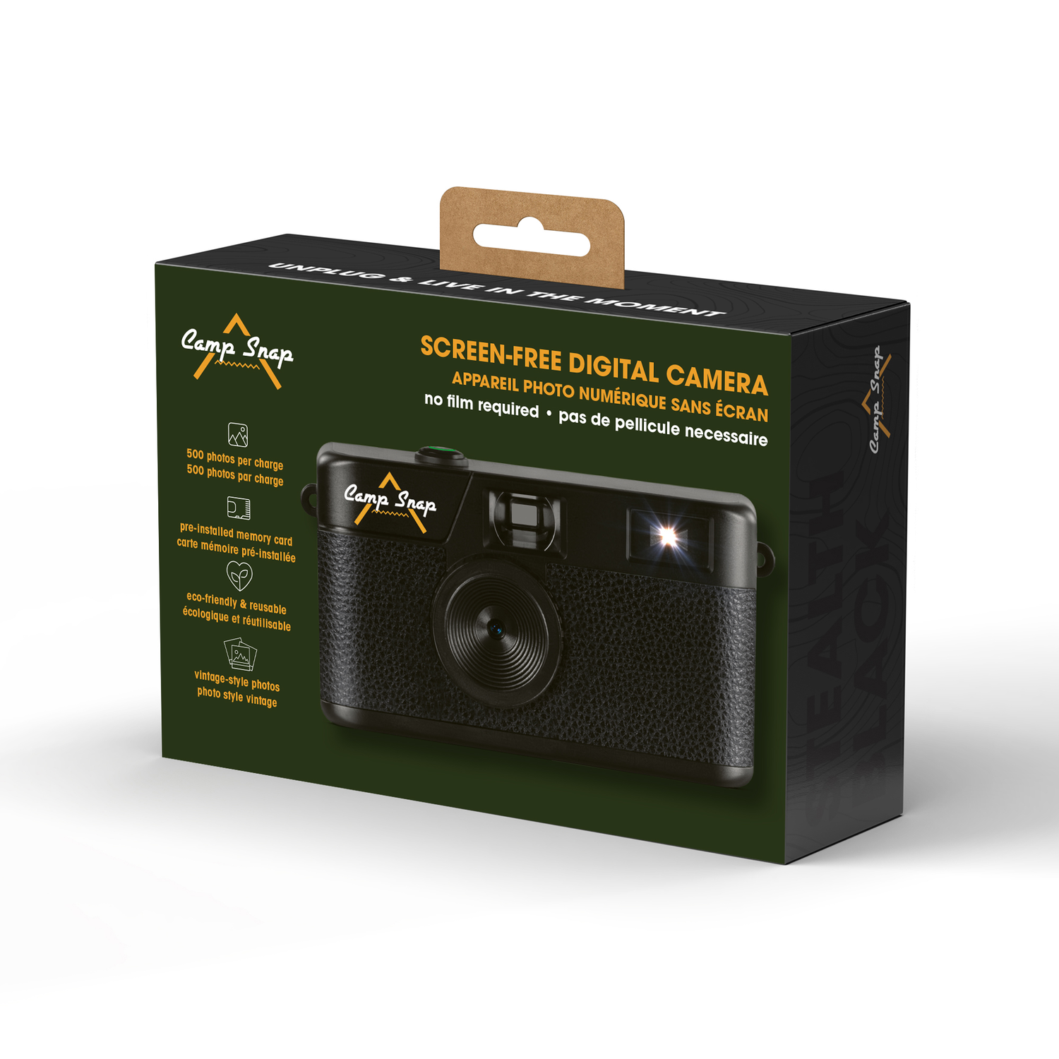Een zwarte camera op een doos met het label 'Camp Snap'. De doos heeft tekst in het Engels en Frans. De camera is schermvrij.