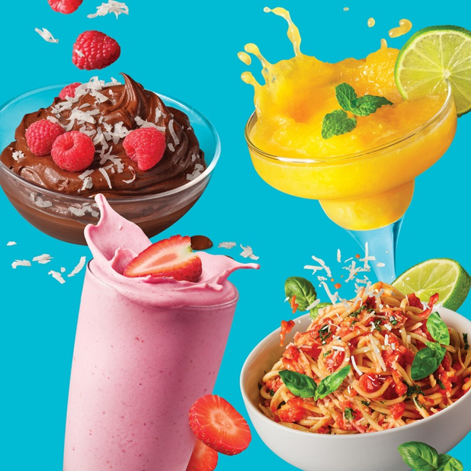 Various drinks and food, including a strawberry smoothie, a mango drink with lime, and a bowl of spaghetti.