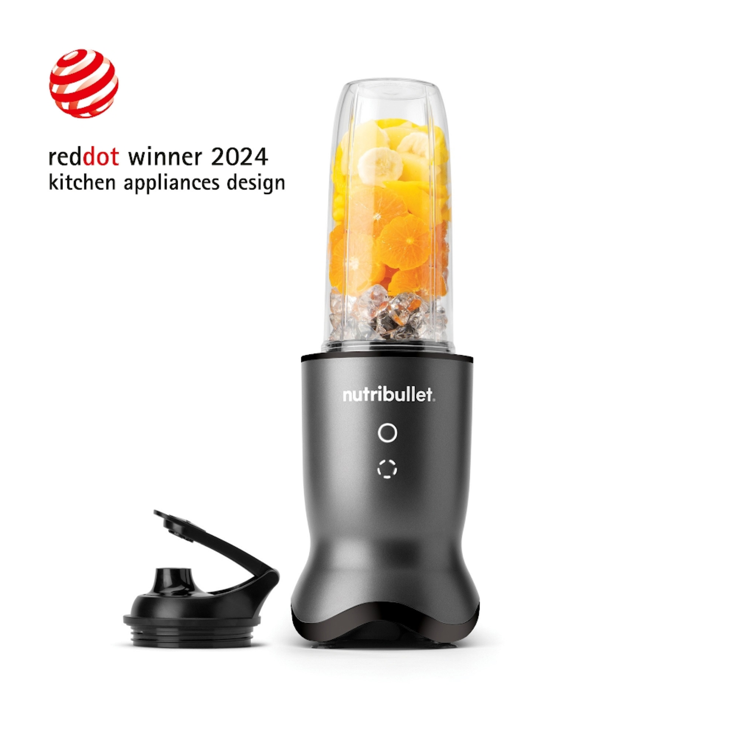 Black blender with fruits. Text: Red Dot Winner 2024 Kitchen Appliances Design.