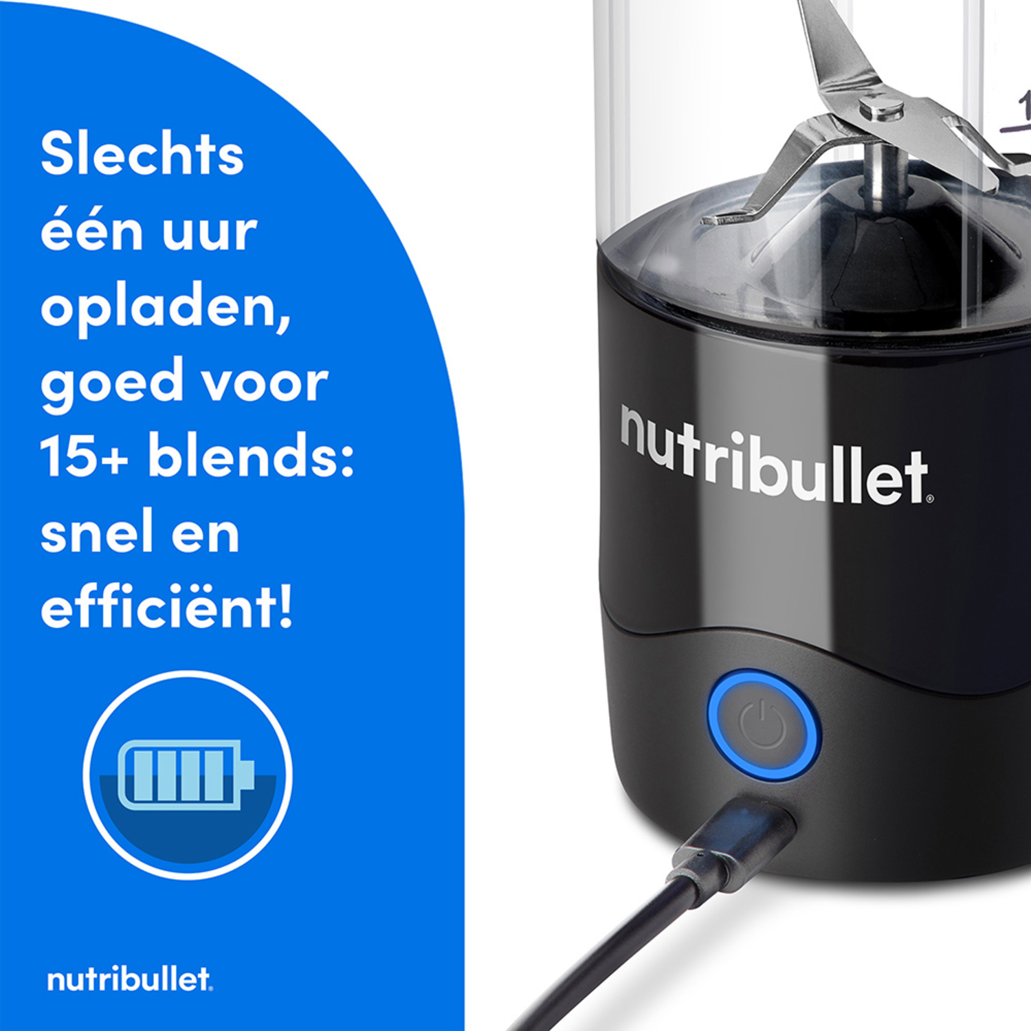 Close-up of a black blender with charging cable. Blue background with text.