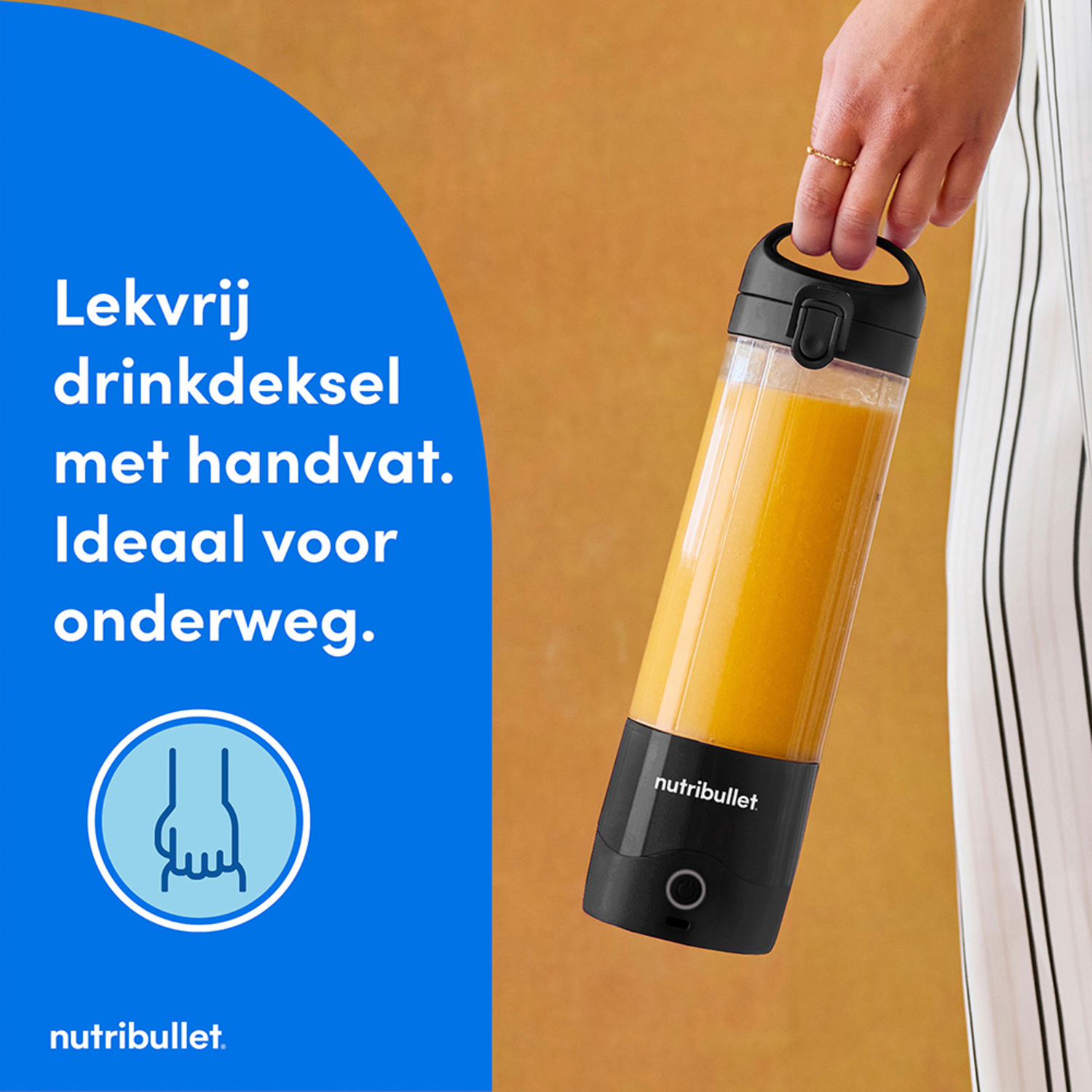 Person holding a blender with orange content. Blue background with text.