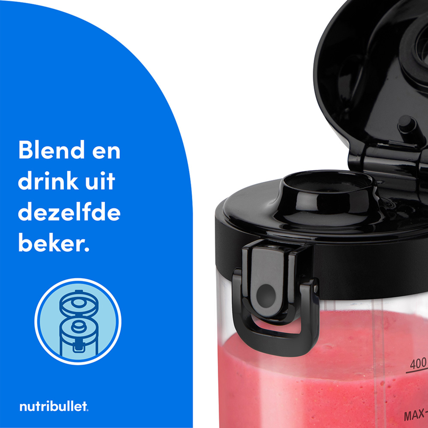 Close-up of a blender with red content. Blue background with text.