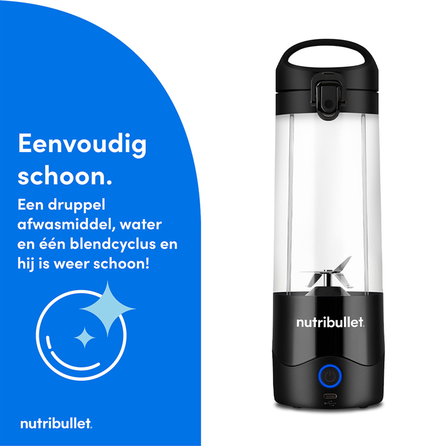 Blender with cleaning indicator. Blue background with text.