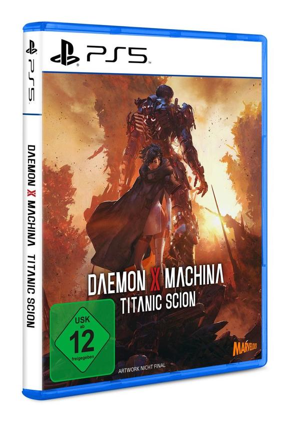 Spielcover für Daemon X Machina: Titanic Scion, PS5. Zeigt einen Mech und eine Person mit grüner USK 12 Bewertung.