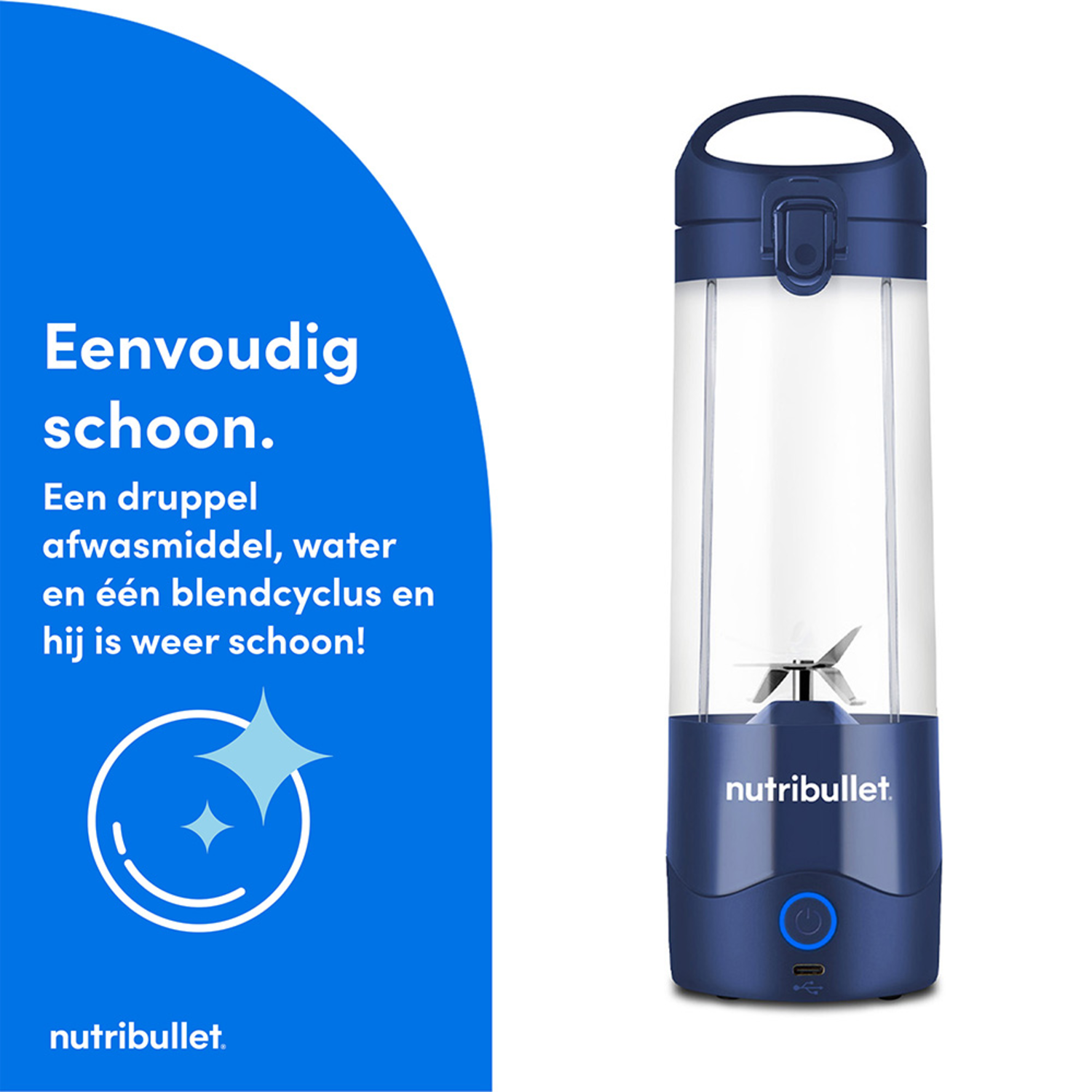 Blauwe blender met reinigingsindicator. Blauwe achtergrond met tekst.