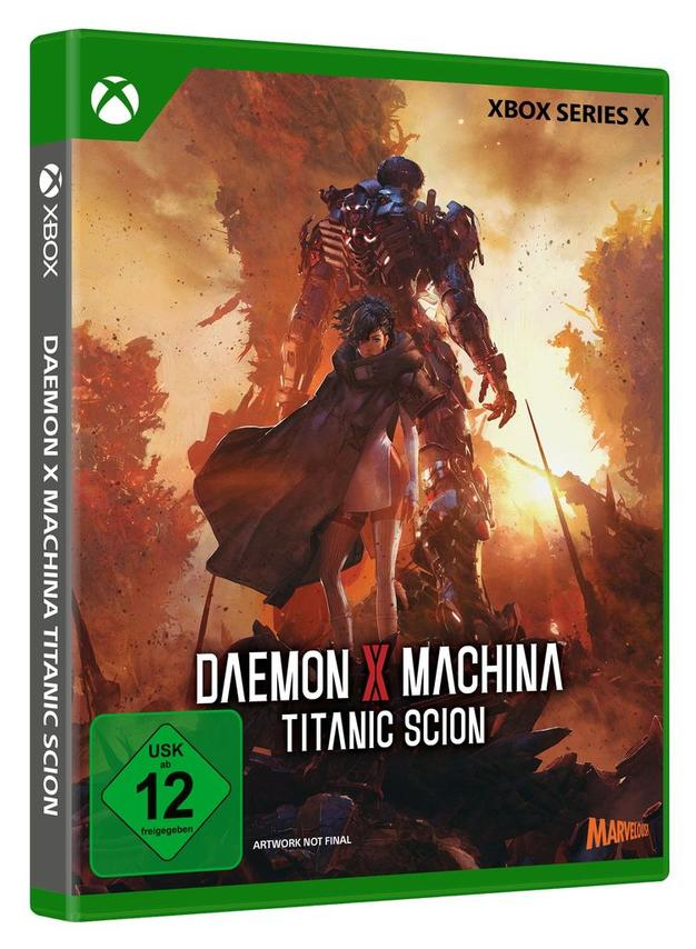Xbox Series X Spielbox für Daemon X Machina: Titanic Scion. Zeigt eine Figur mit Umhang vor einem Mech mit feurigem Hintergrund.