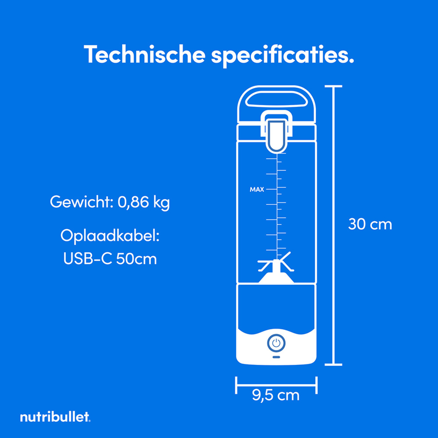 Technische specificaties: gewicht 0,86 kg, USB-C-kabel 50 cm, hoogte 30 cm, breedte 9,5 cm. Witte blender.