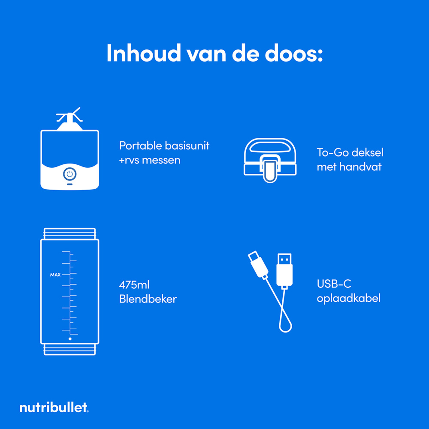 Inhoud van de doos: draagbare basiseenheid, To-Go deksel, 475ml blenderbeker en USB-C-kabel. Blauwe achtergrond.