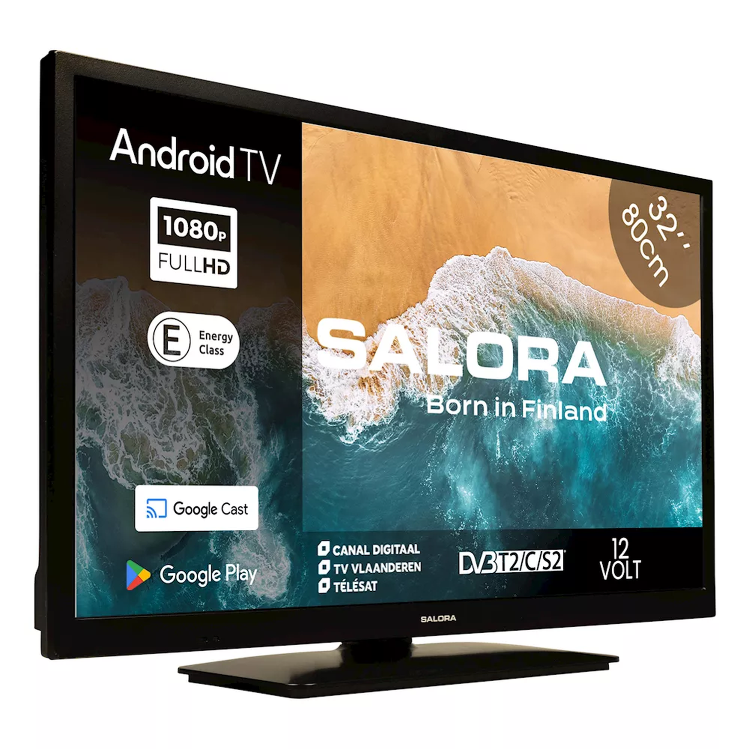 Black TV with 'SALORA' logo. Android TV, 1080p Full HD, 32 inch, 80cm, sea background.