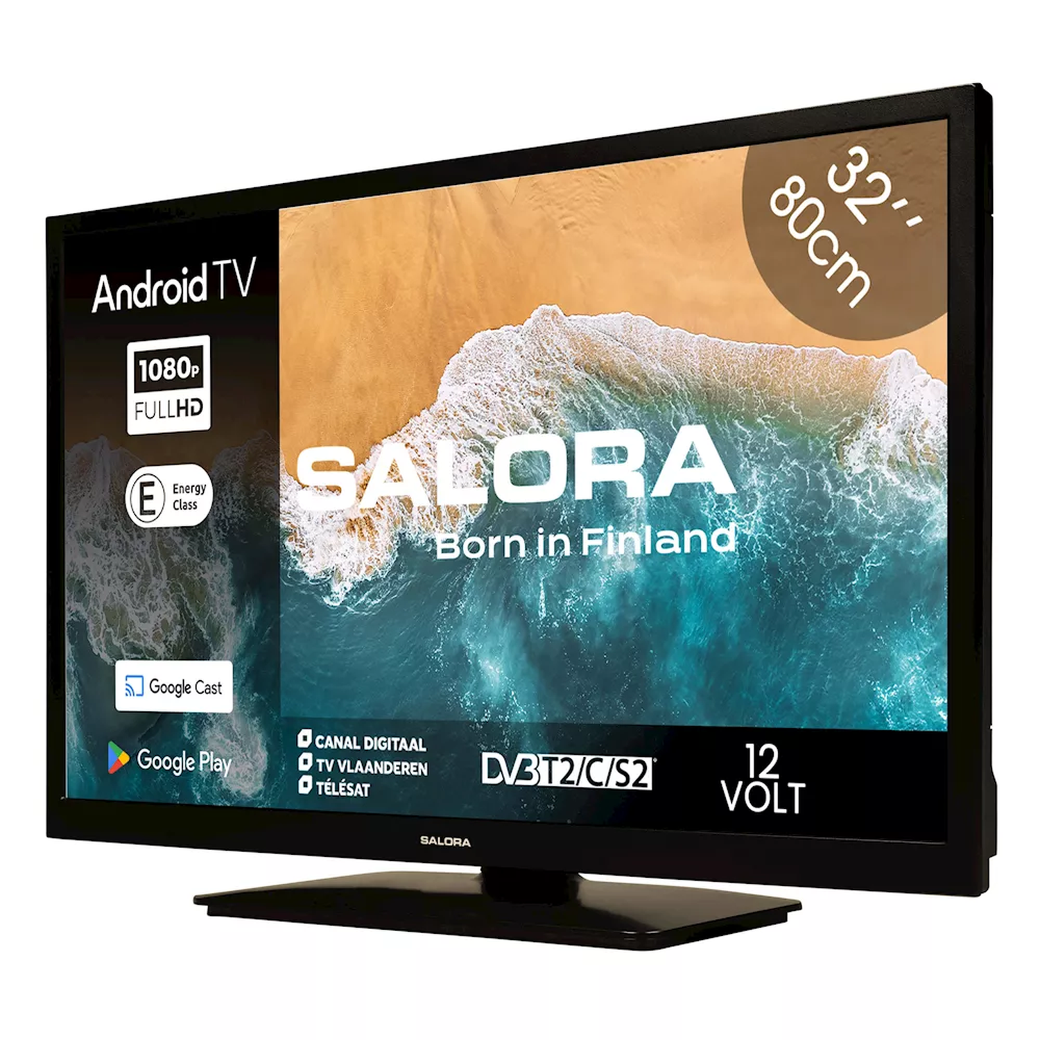 Black TV with 'SALORA' logo. Android TV, 1080p Full HD, 32 inch, 80cm, sea background.