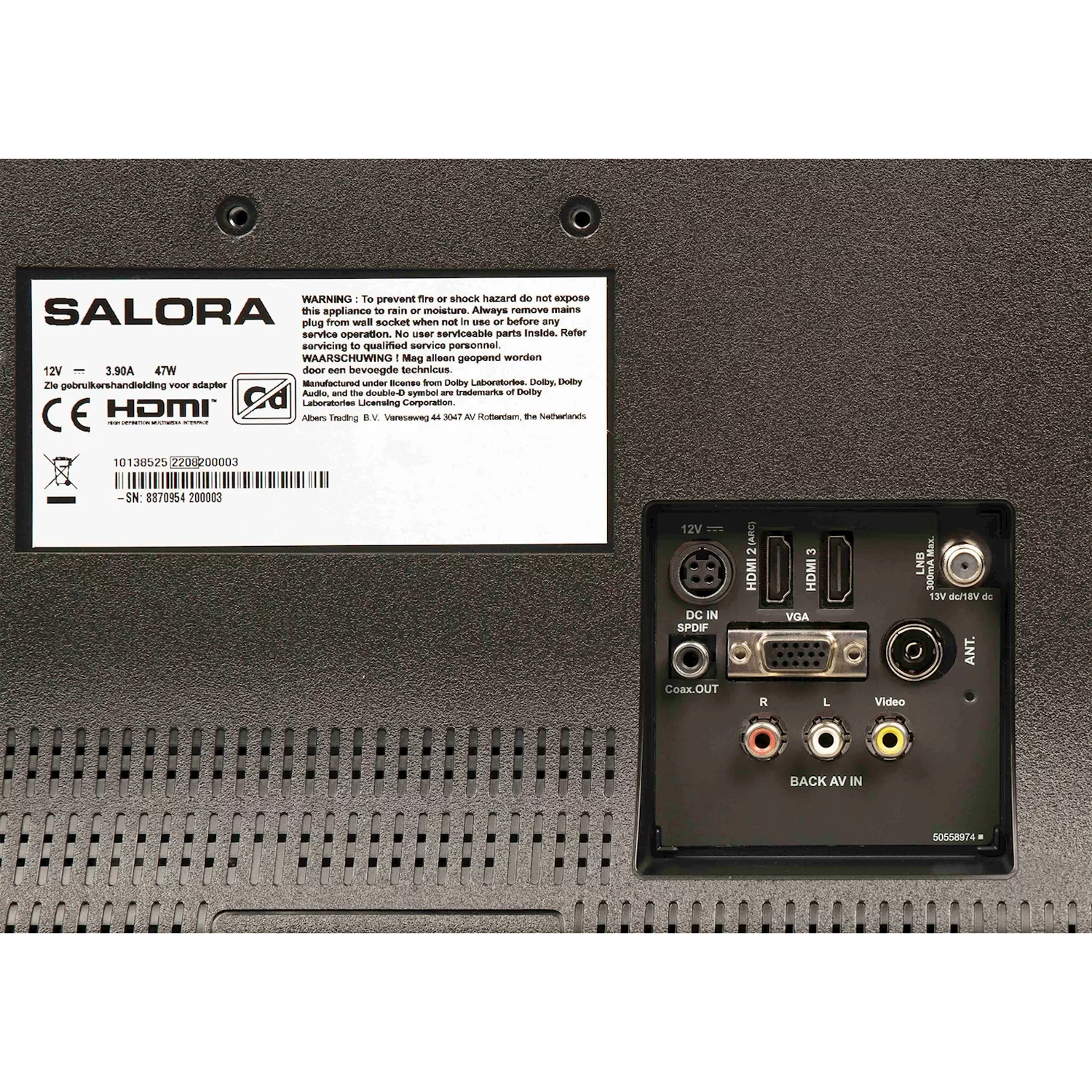Back of a TV with connections, stickers, and information. Black background.