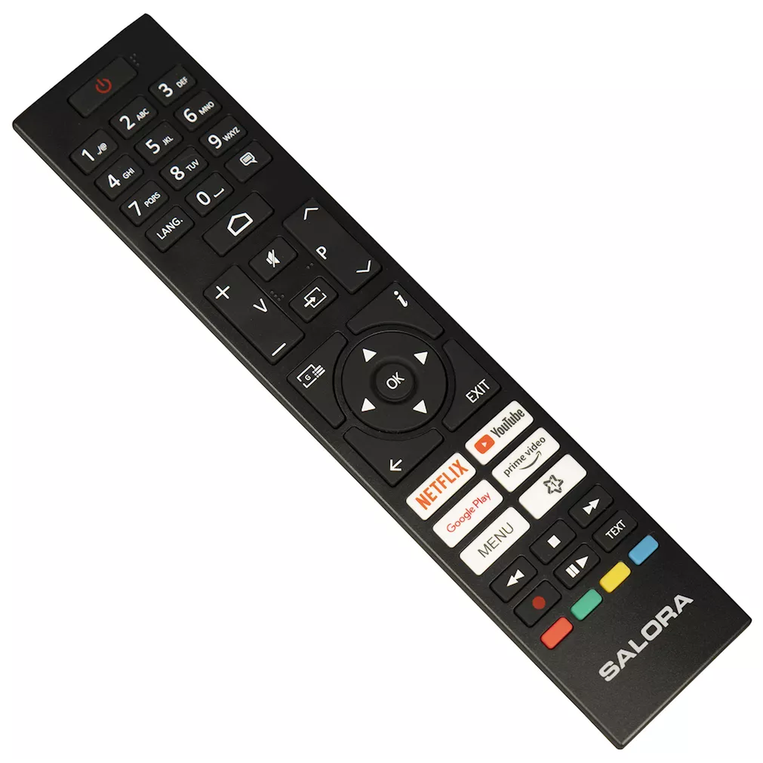 Black remote control with many buttons. 'SALORA' text at bottom. Netflix, YouTube, Google Play buttons.
