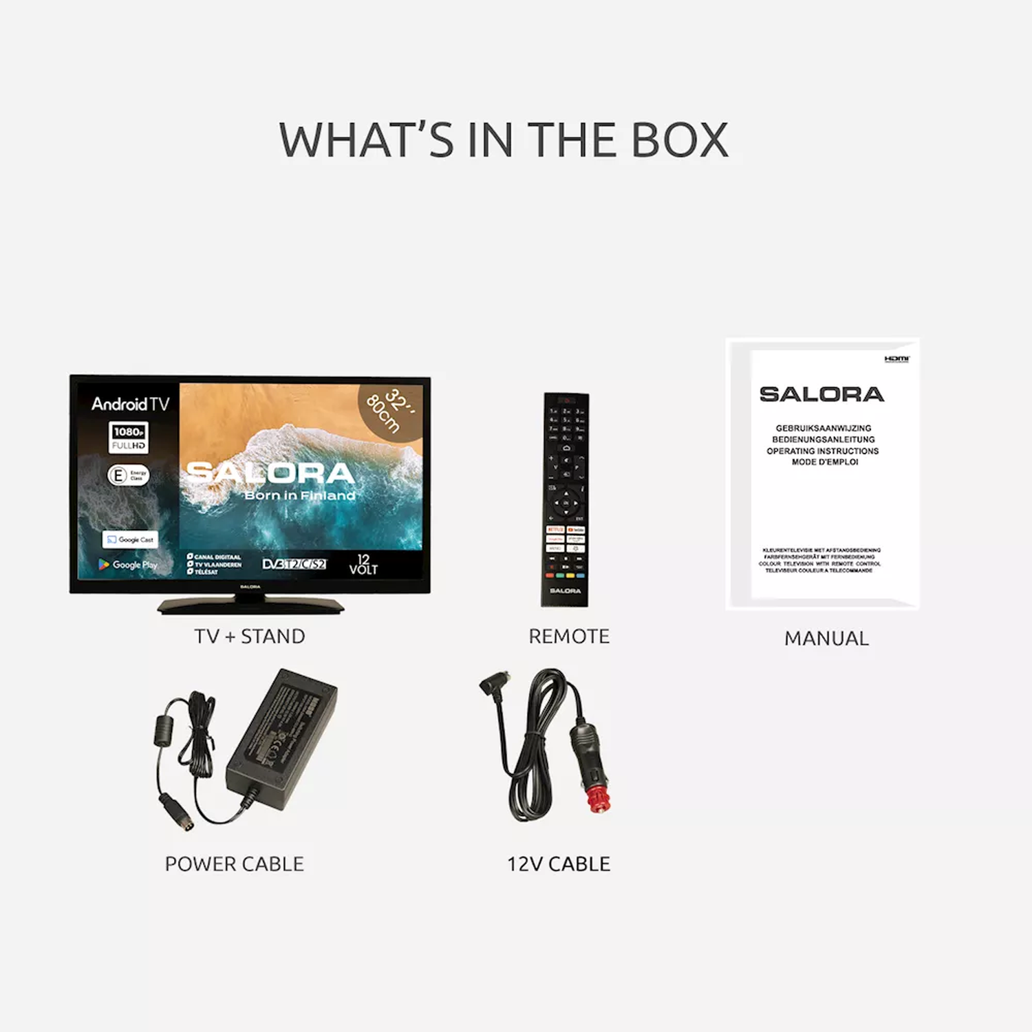 What's in the box: TV, remote, power cable, 12V cable, manual. On white background.