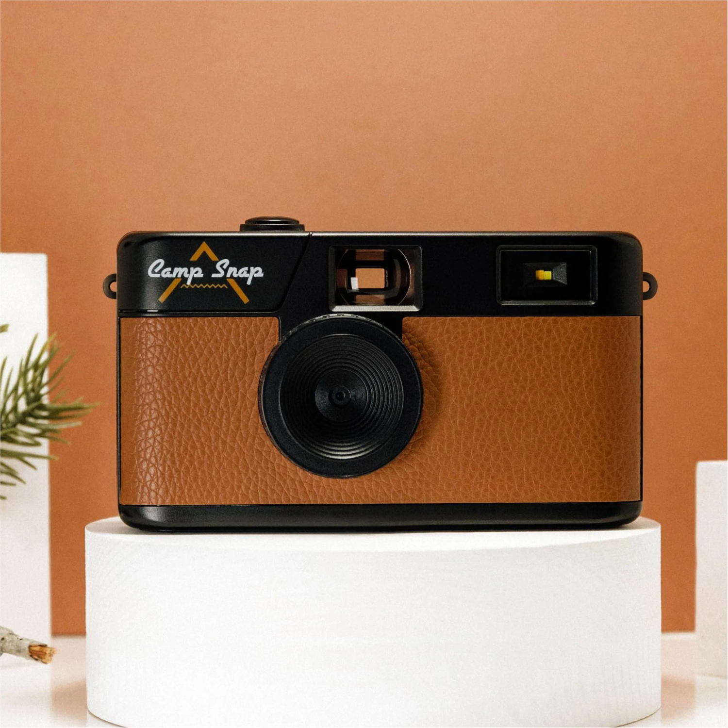 A brown and black camera labeled "Camp Snap" sits on a white platform against a brown backdrop. A sprig of green is visible.