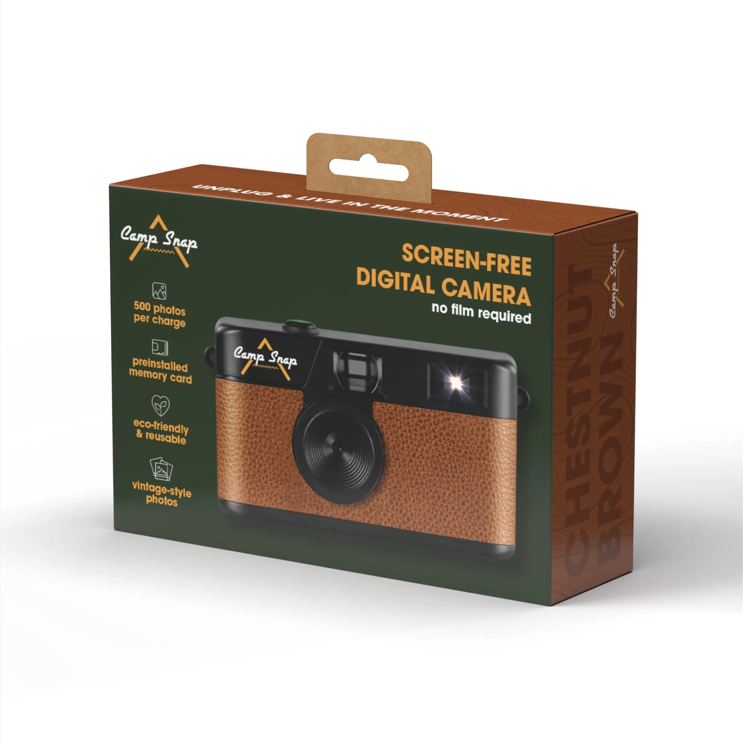 A brown and black Camp Snap camera box. It reads "Screen-free digital camera" and "Chestnut Brown". A camera is on the front.