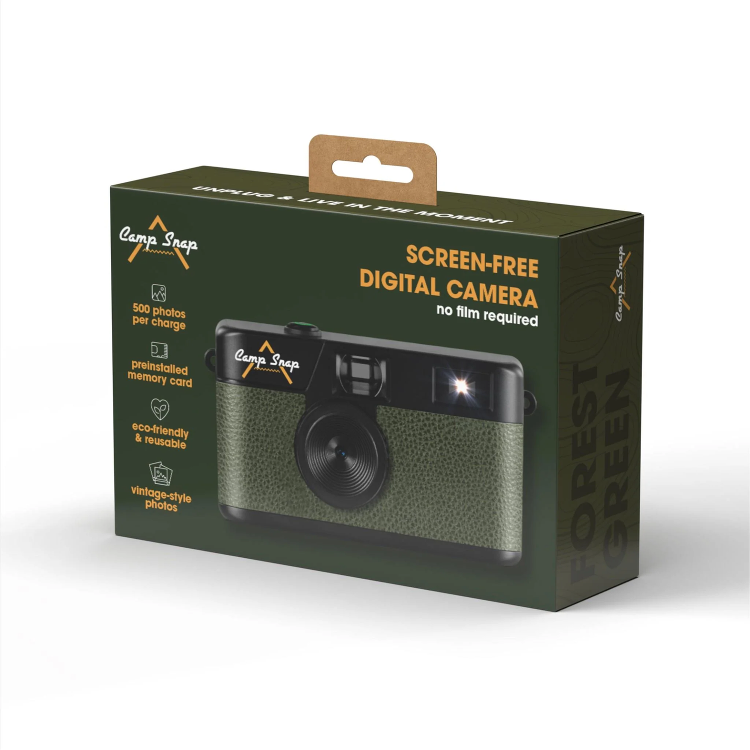 A green camera in a box. The box says 'Camp Snap', 'Screen-free Digital Camera', and 'Forest Green'.