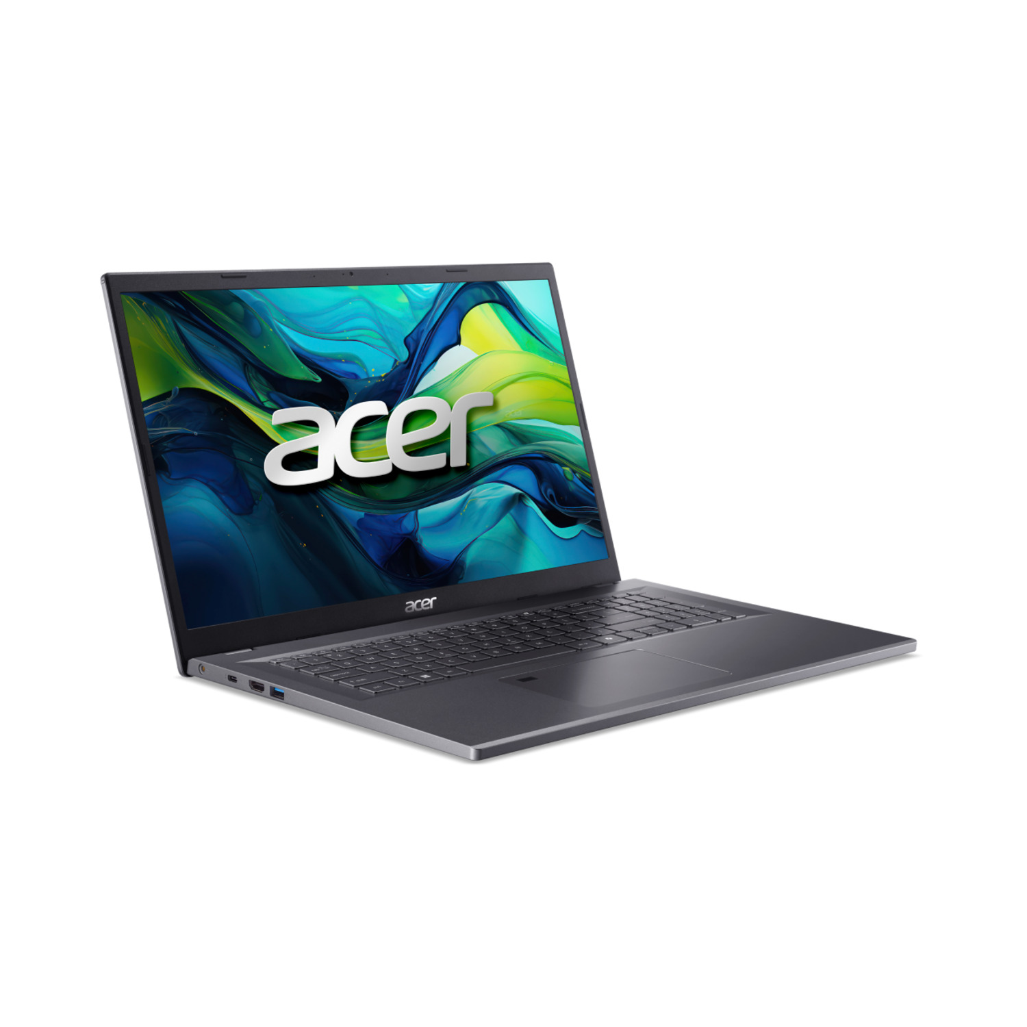 A gray Acer laptop is angled on a white background. The screen displays the Acer logo. The keyboard and touchpad are visible.