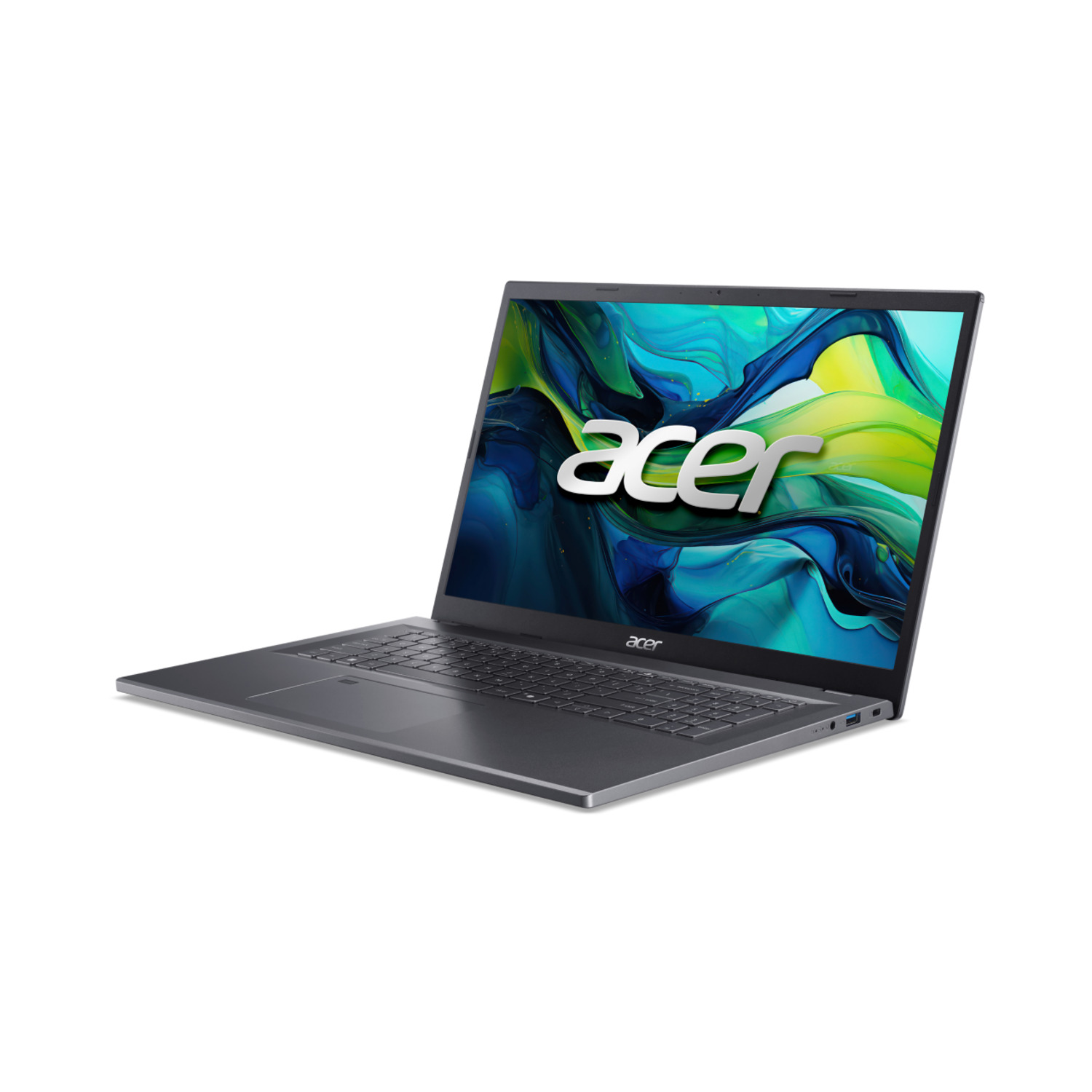 A silver Acer laptop is slightly open, displaying a colorful abstract image. The Acer logo is prominent on the screen.