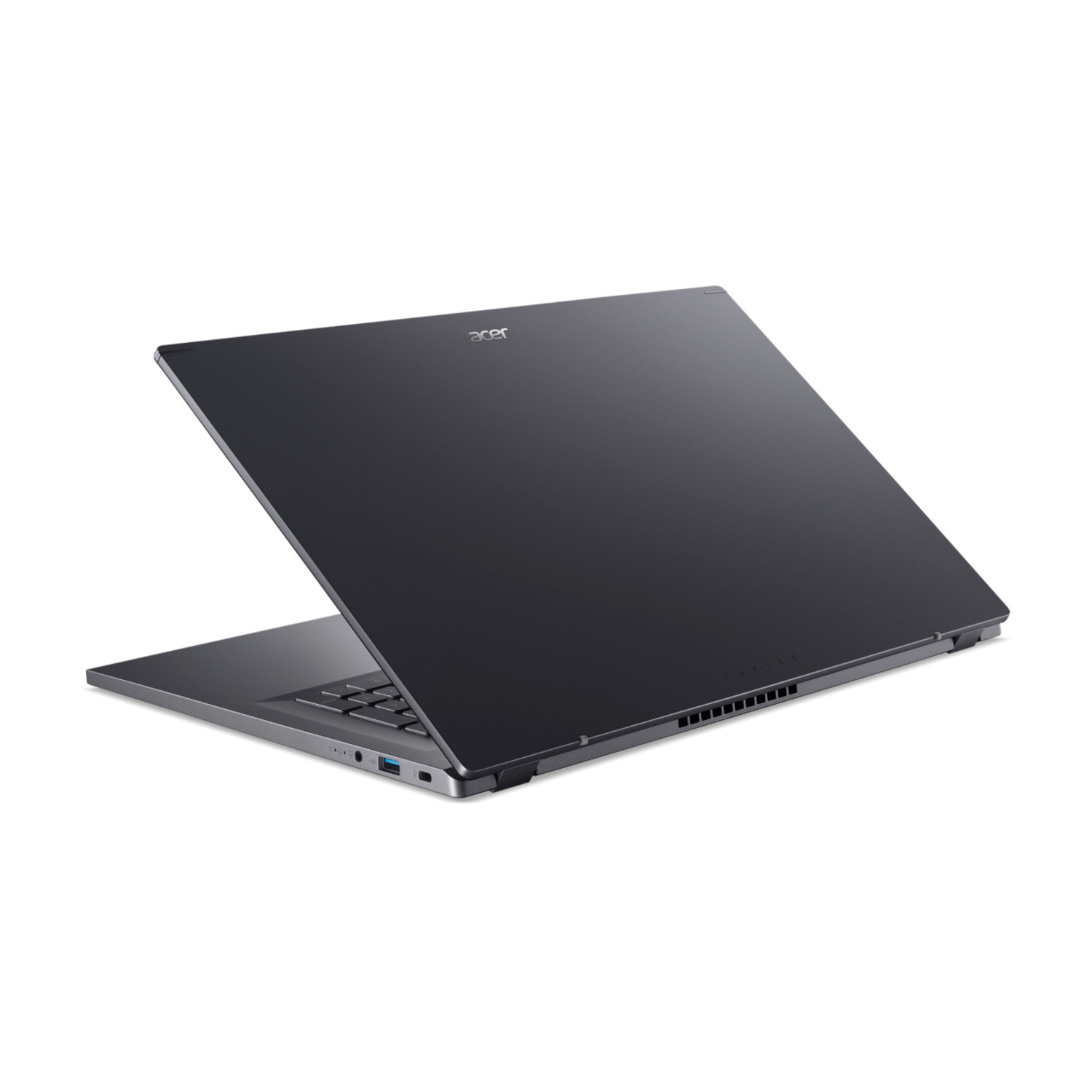 Dark gray Acer laptop on a white background, slightly open. The Acer logo is visible. The laptop is angled to the right.