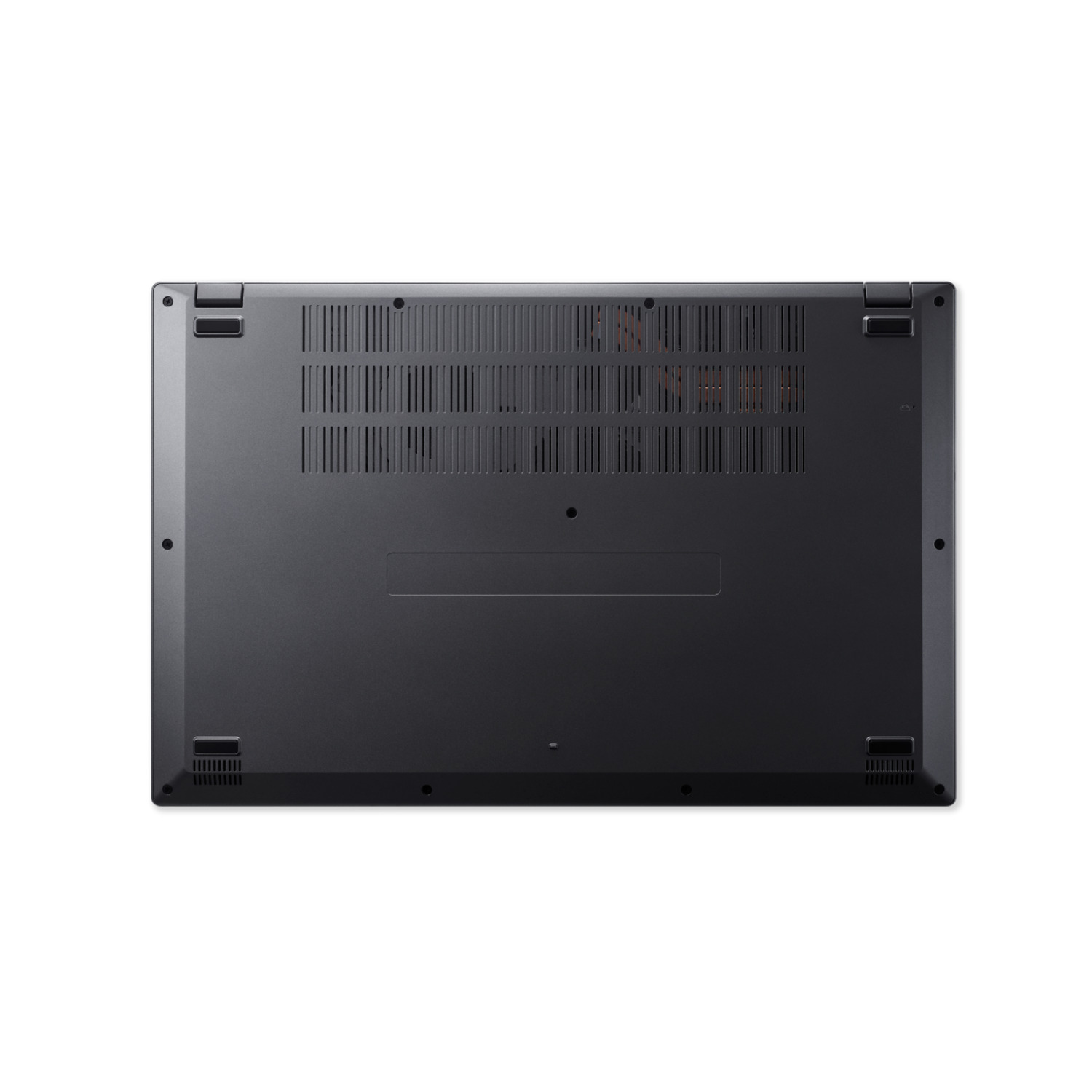 The underside of a black laptop is shown, revealing vents, screws, and rubber feet on a white background.