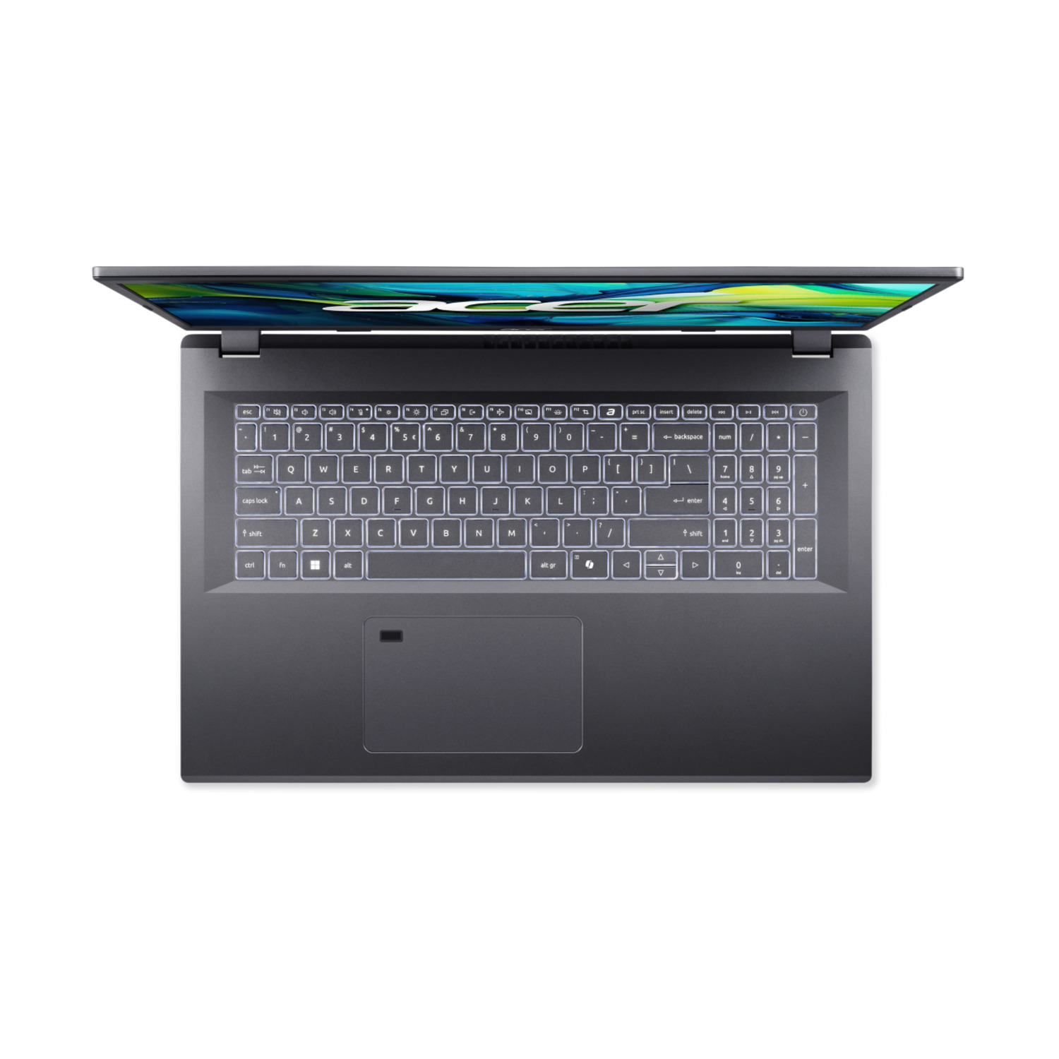 A laptop, top view. The screen is open, showing a colorful display. The keyboard is visible, and the touchpad is below it.