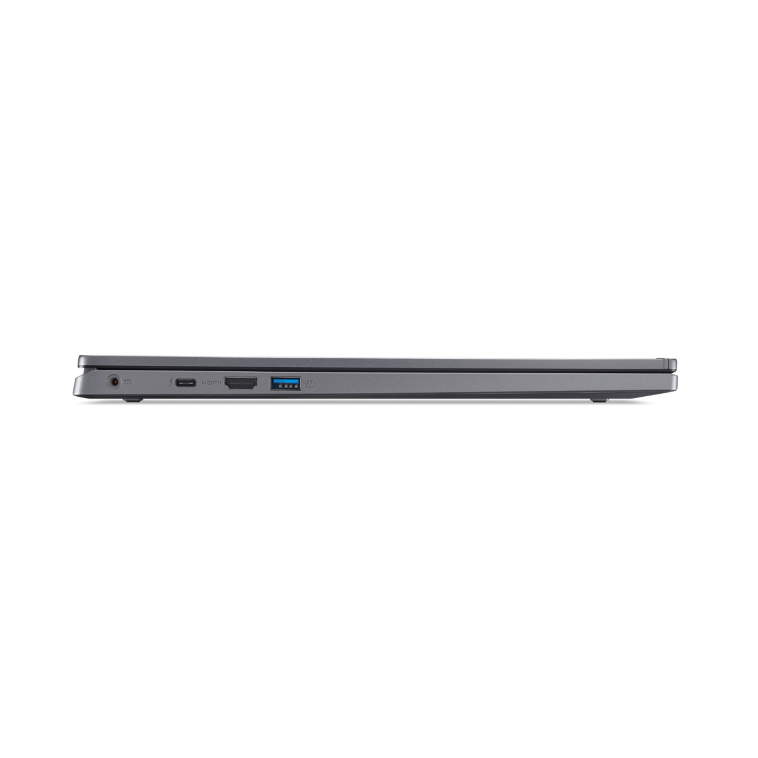 Side view of a gray laptop. Ports visible: audio, USB-C, HDMI, USB, and a port. White background.