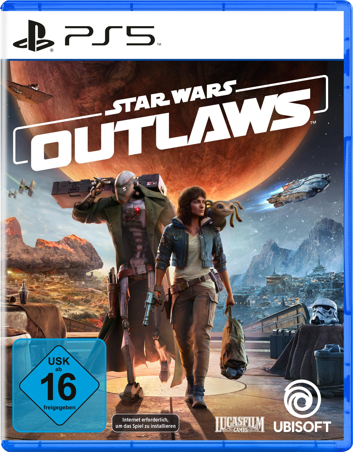 Videospiel-Hülle von Star Wars Outlaws. Auf dem Cover sind zwei Charaktere und eine Stadt abgebildet.