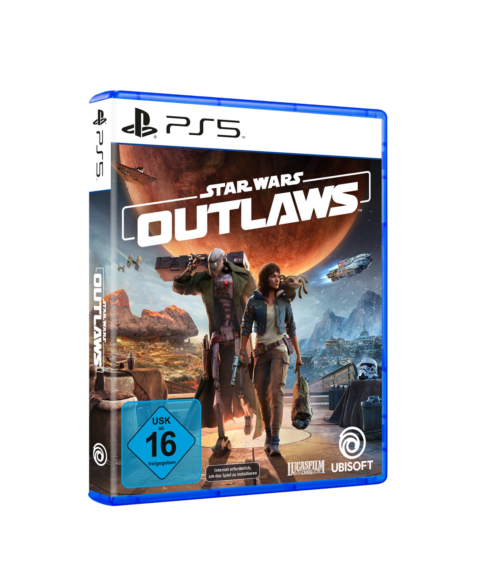 Videospiel-Hülle von Star Wars Outlaws für die PS5. Auf dem Cover sind zwei Charaktere abgebildet.