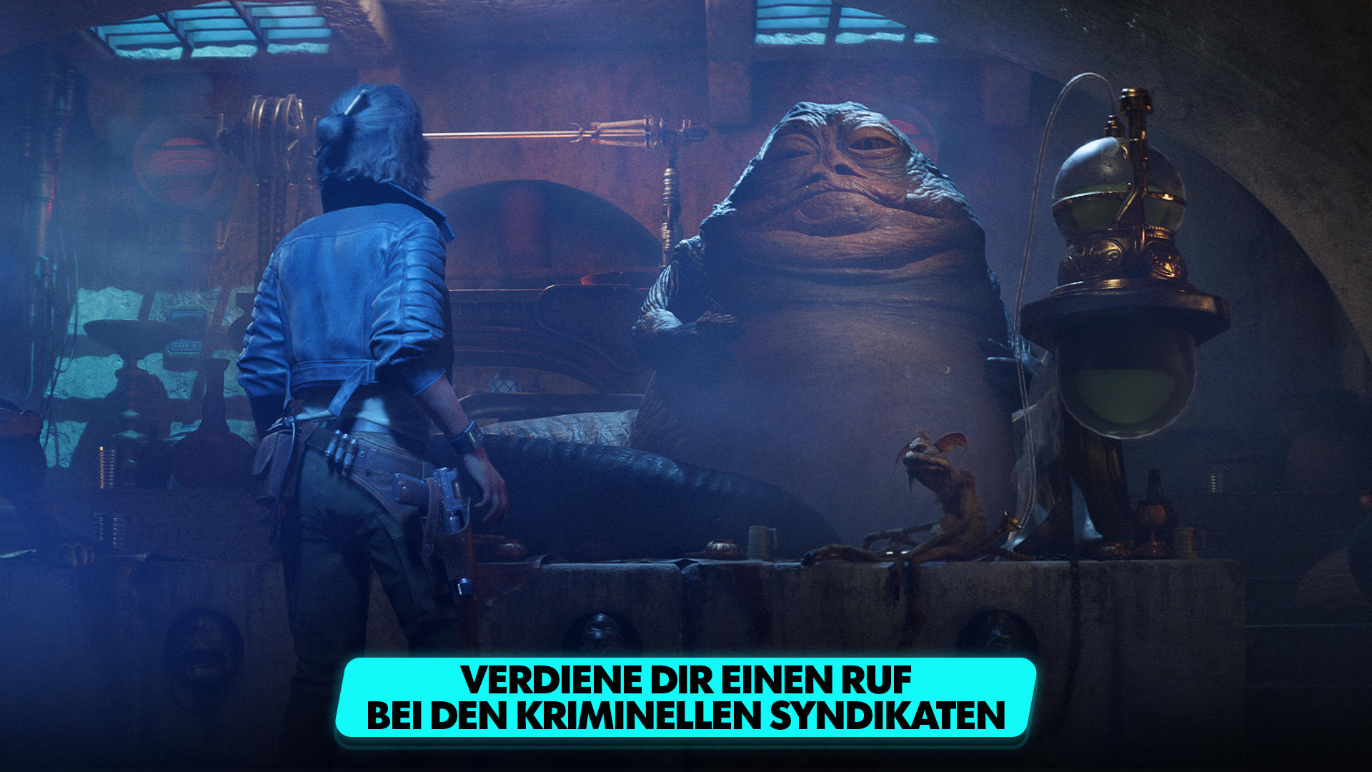 Eine Person steht vor Jabba the Hutt. Im Hintergrund eine Werkstatt mit metallischen Apparaten.