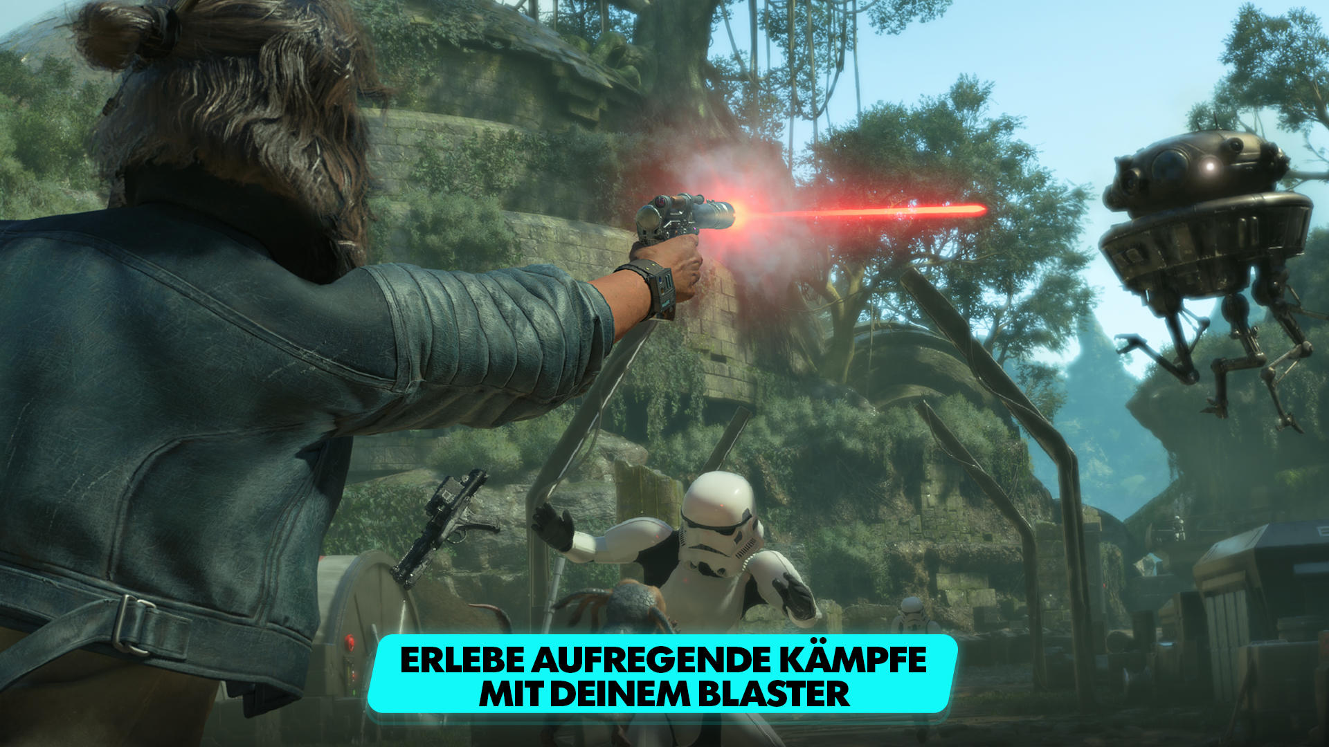 Eine Person schießt mit einem Blaster auf einen Trooper. Ein Roboter schwebt im Hintergrund.