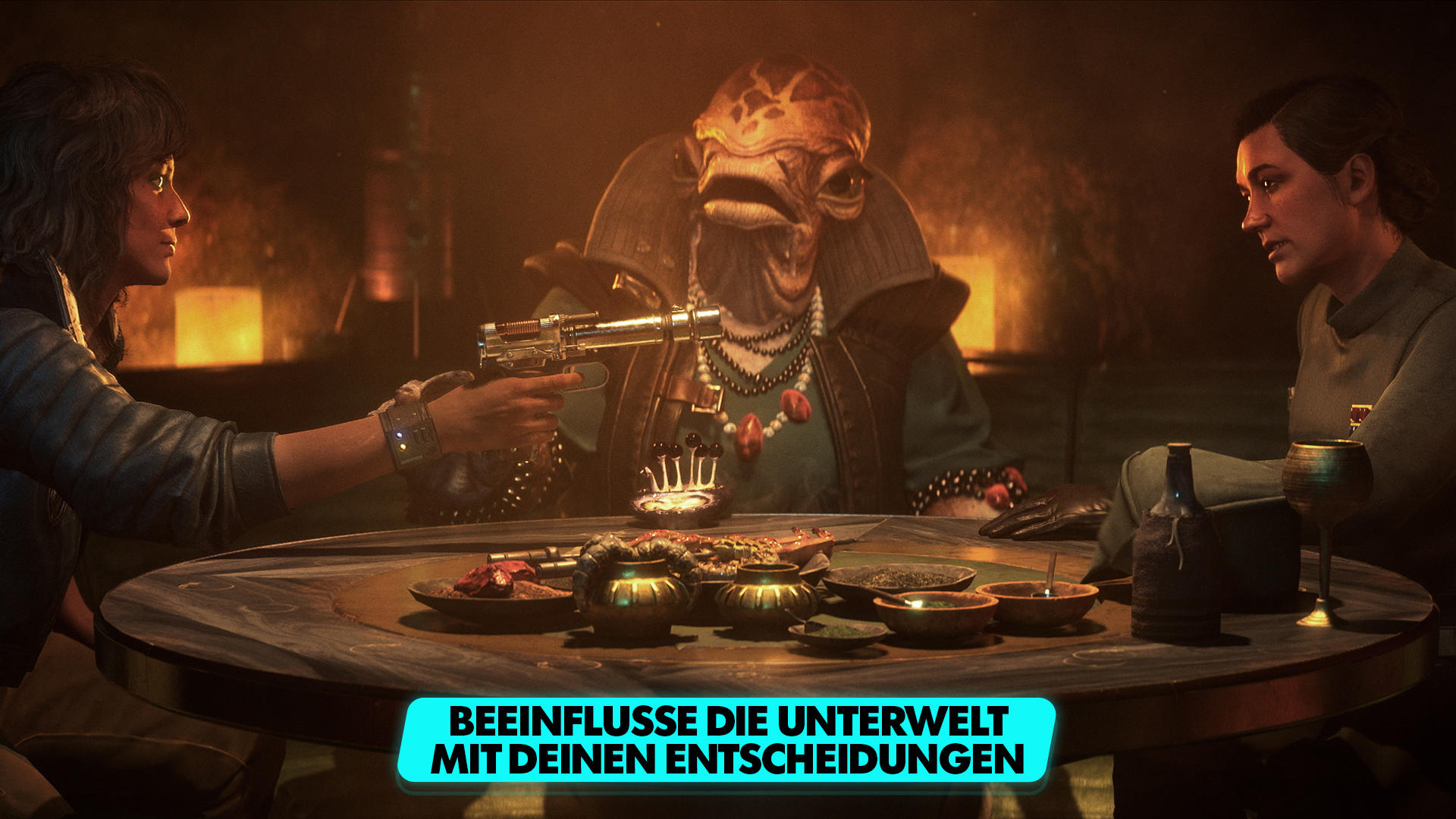 Zwei Personen sitzen an einem Tisch, eine hält eine Pistole. Im Hintergrund ein Wesen mit großen Augen.