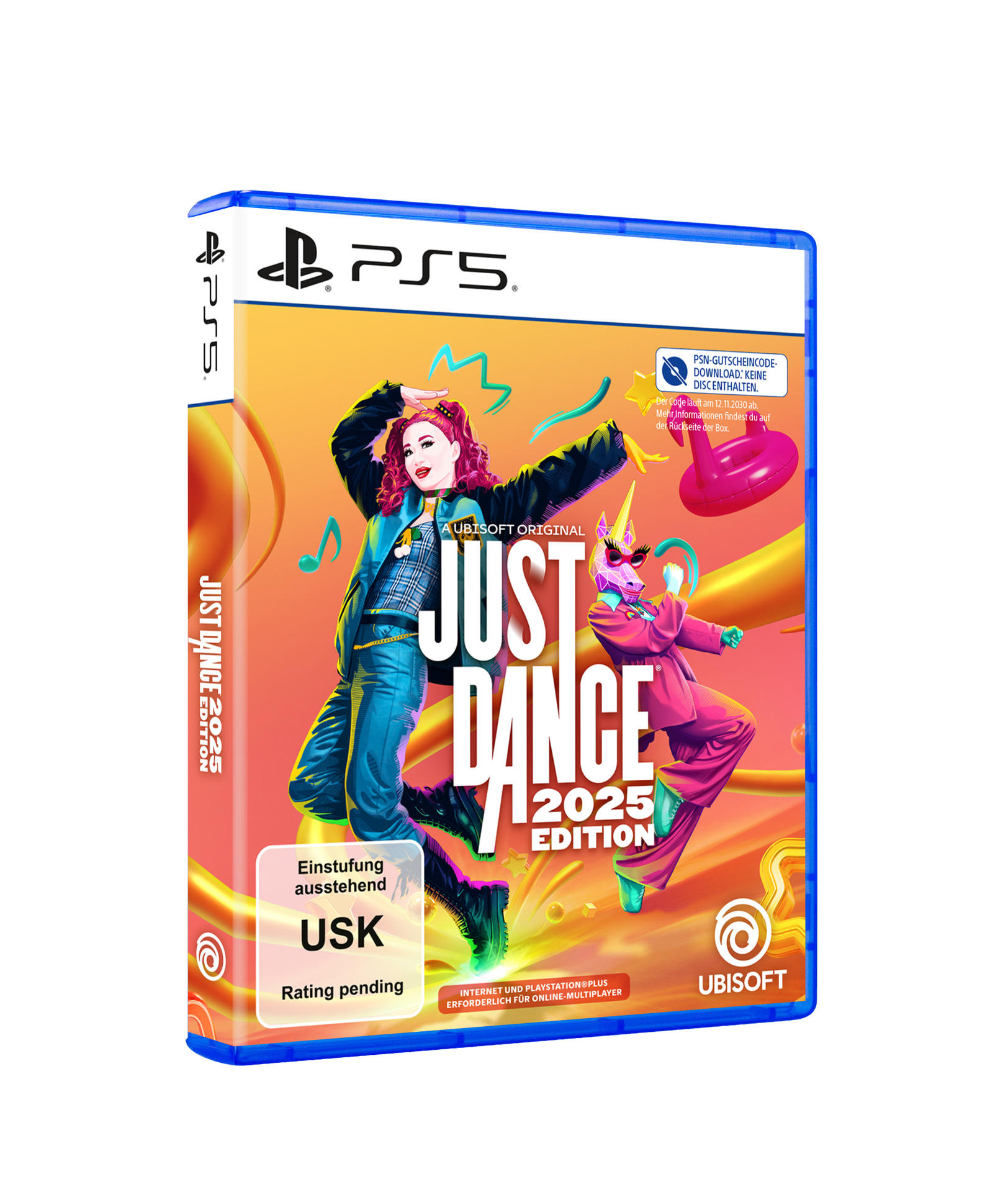 Videospiel-Hülle von Just Dance 2025 Edition. Auf dem Cover sind zwei Charaktere abgebildet.
