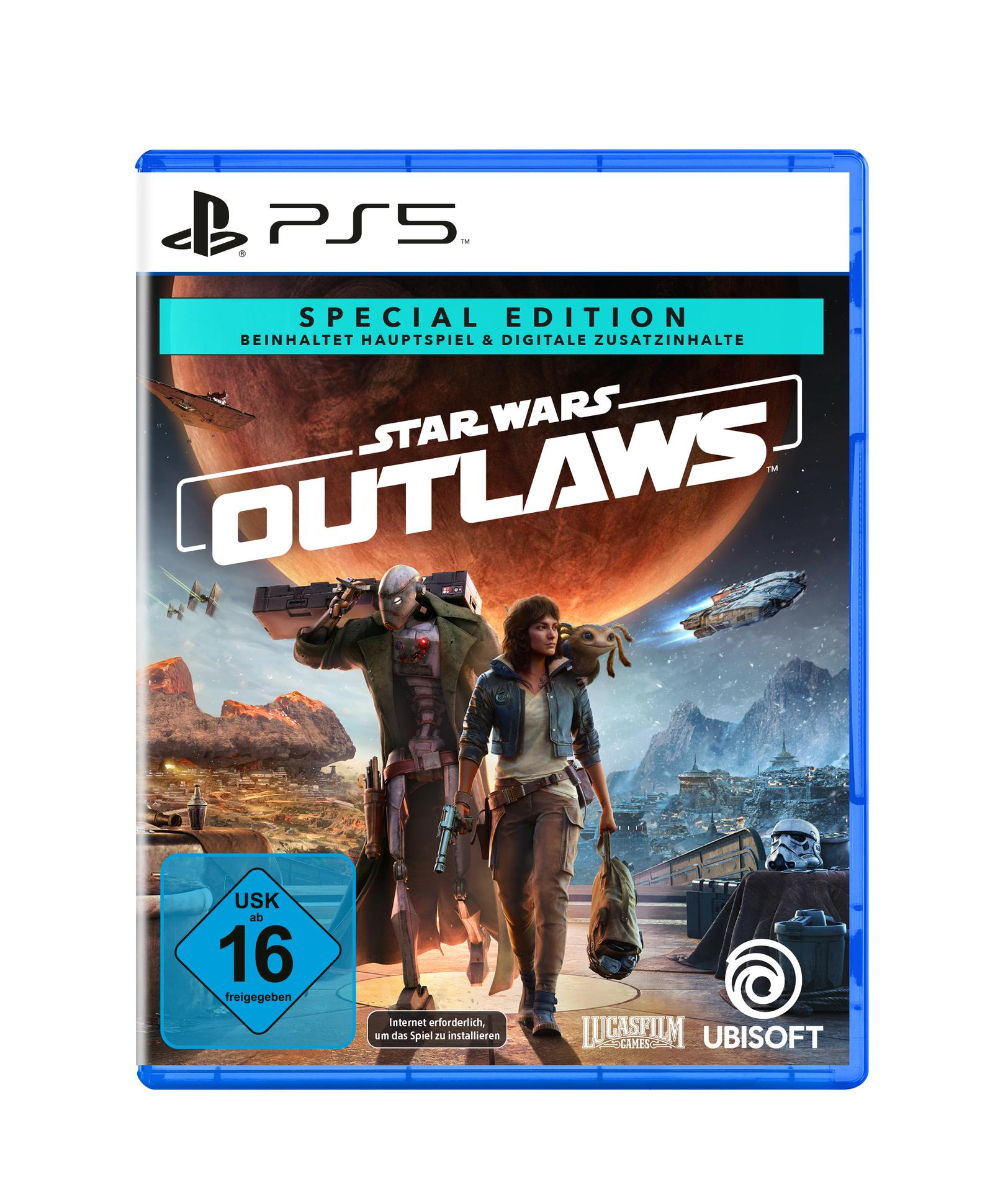 Playstation 5 Spiel "Star Wars Outlaws" Special Edition Hülle mit Figuren und Raumschiffen.