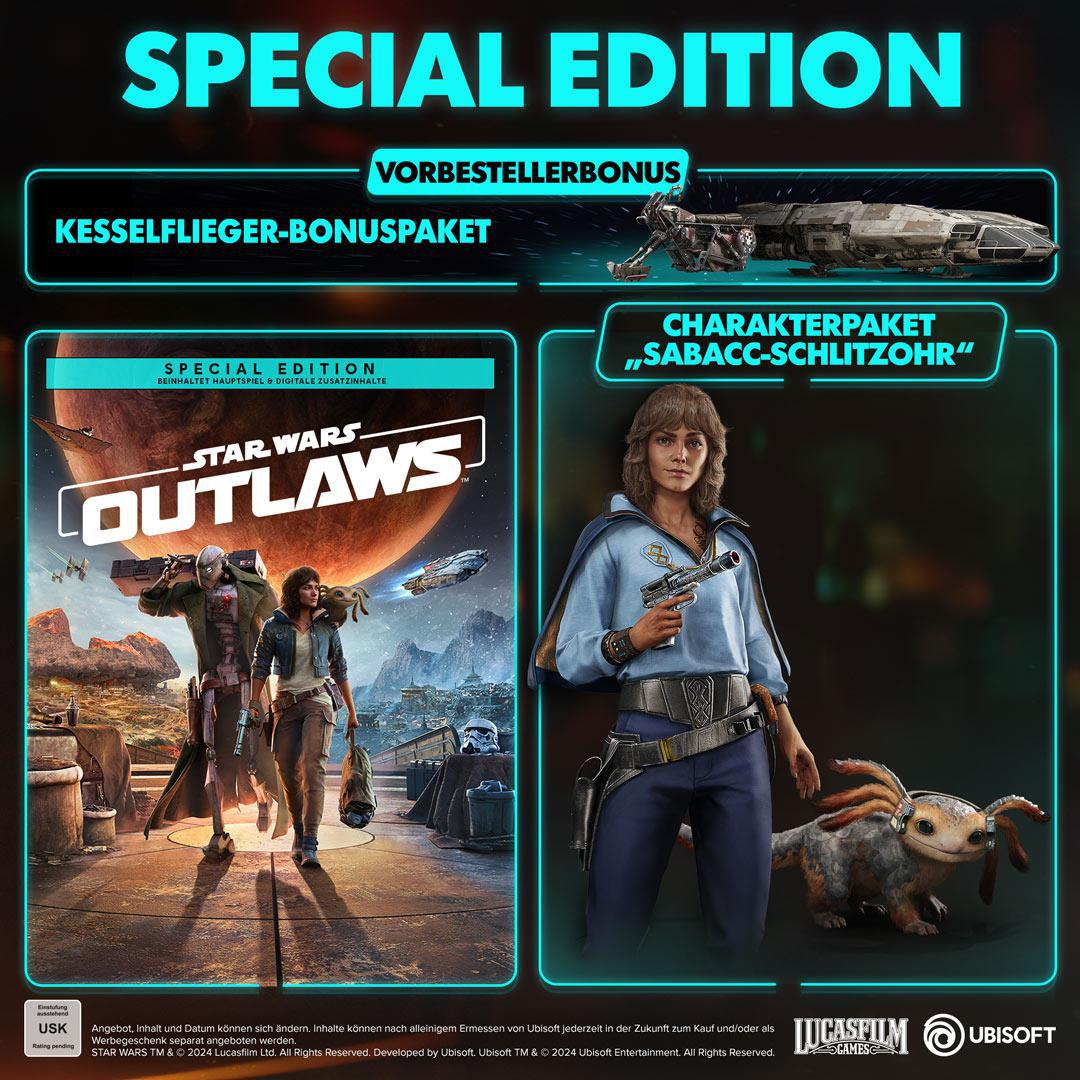 Werbebild für Star Wars Outlaws Special Edition. Eine Frau und ein Mann stehen vor einem Schiff.