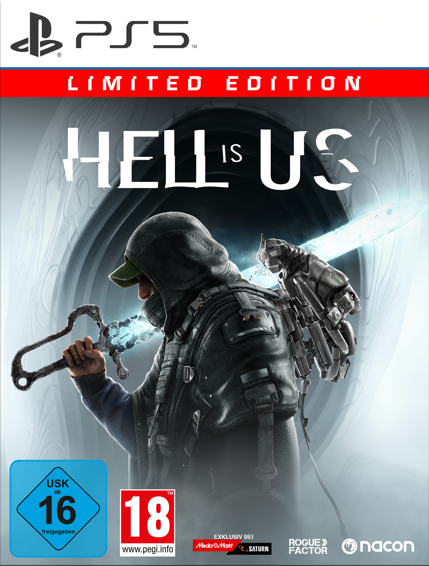 Videospiel-Cover von Hell is Us für PS5, Limited Edition. Eine Person mit Schwert und Roboterarm vor Tor.