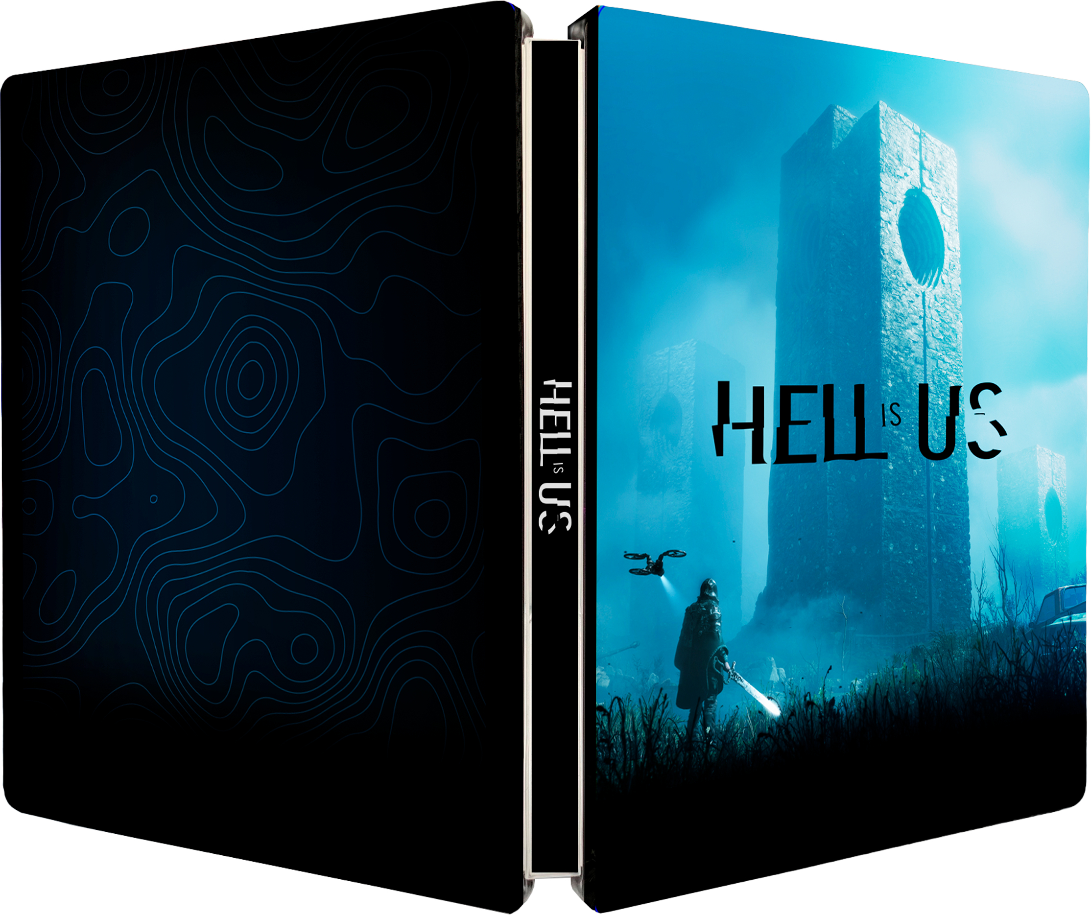 Hell is Us, das Spielcover und ein schwarzes Cover mit blauen Linien. Eine Person mit Schwert vor einem Tor.