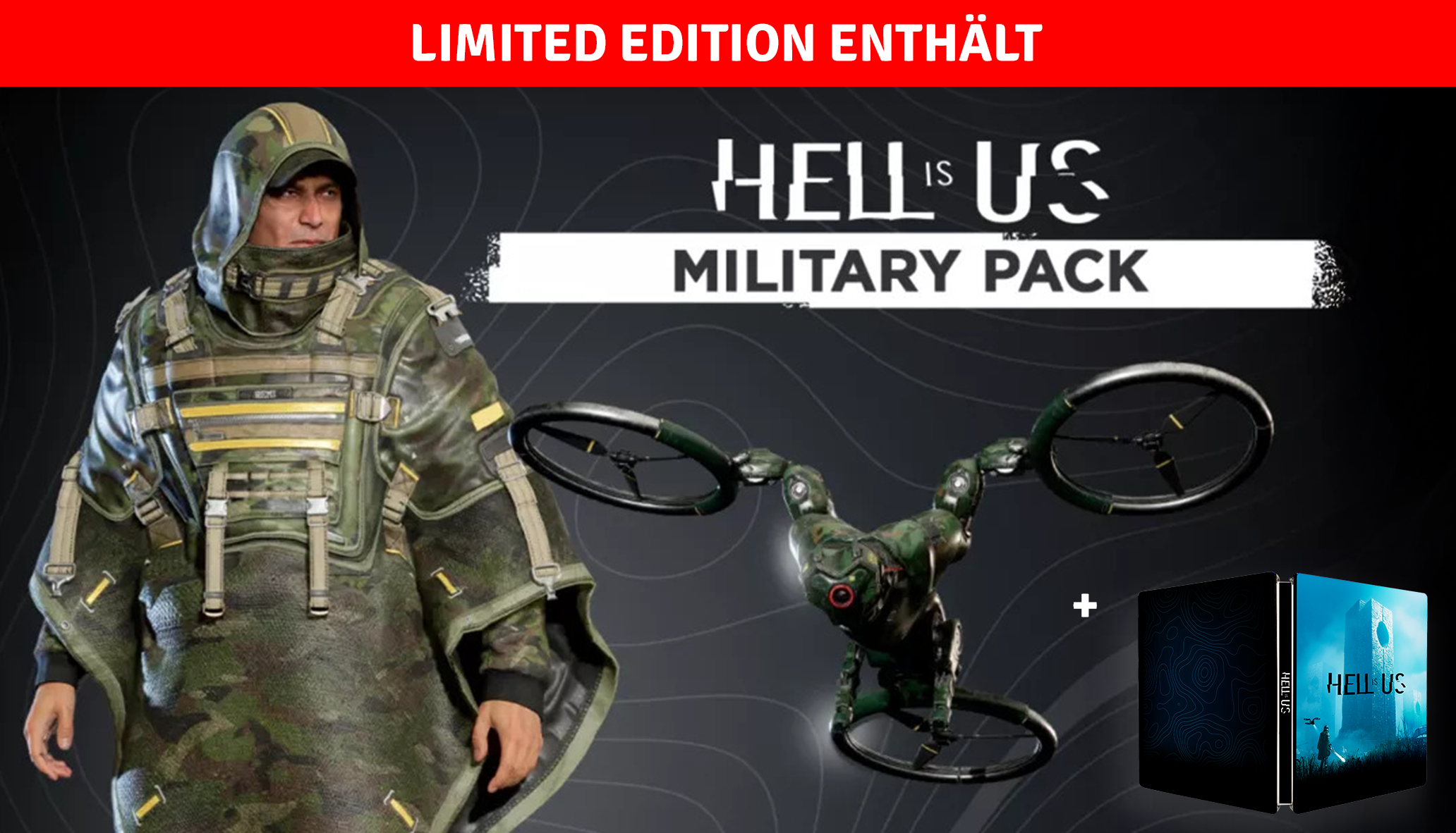 Ein Mann in Militäruniform mit einem Drohnen-Spielzeug und einer Spielverpackung. ASSET_MMS_154063226