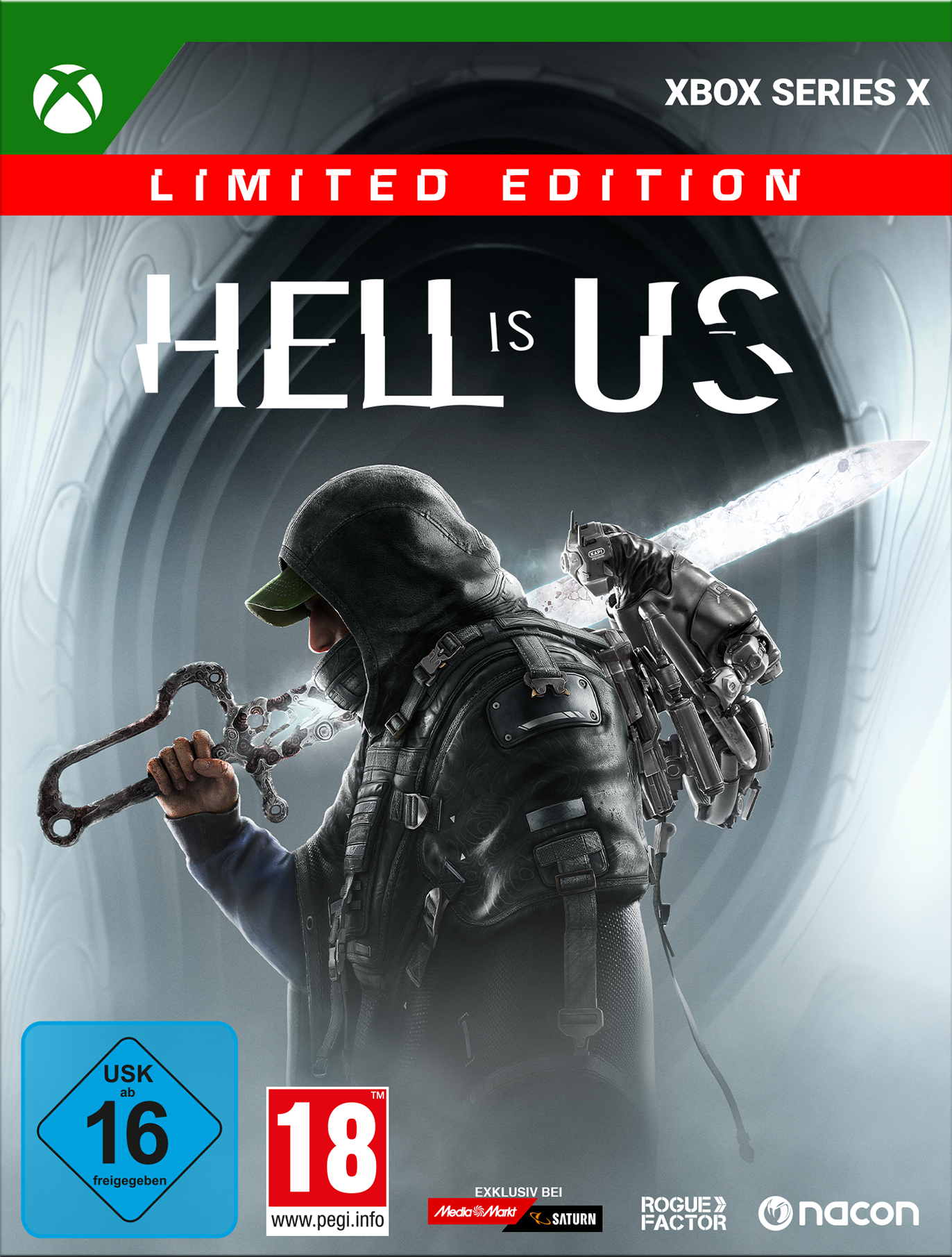 Ein Spiel-Cover mit einem Mann mit Schwert und einem Roboter auf grauem Hintergrund. ASSET_MMS_154063229